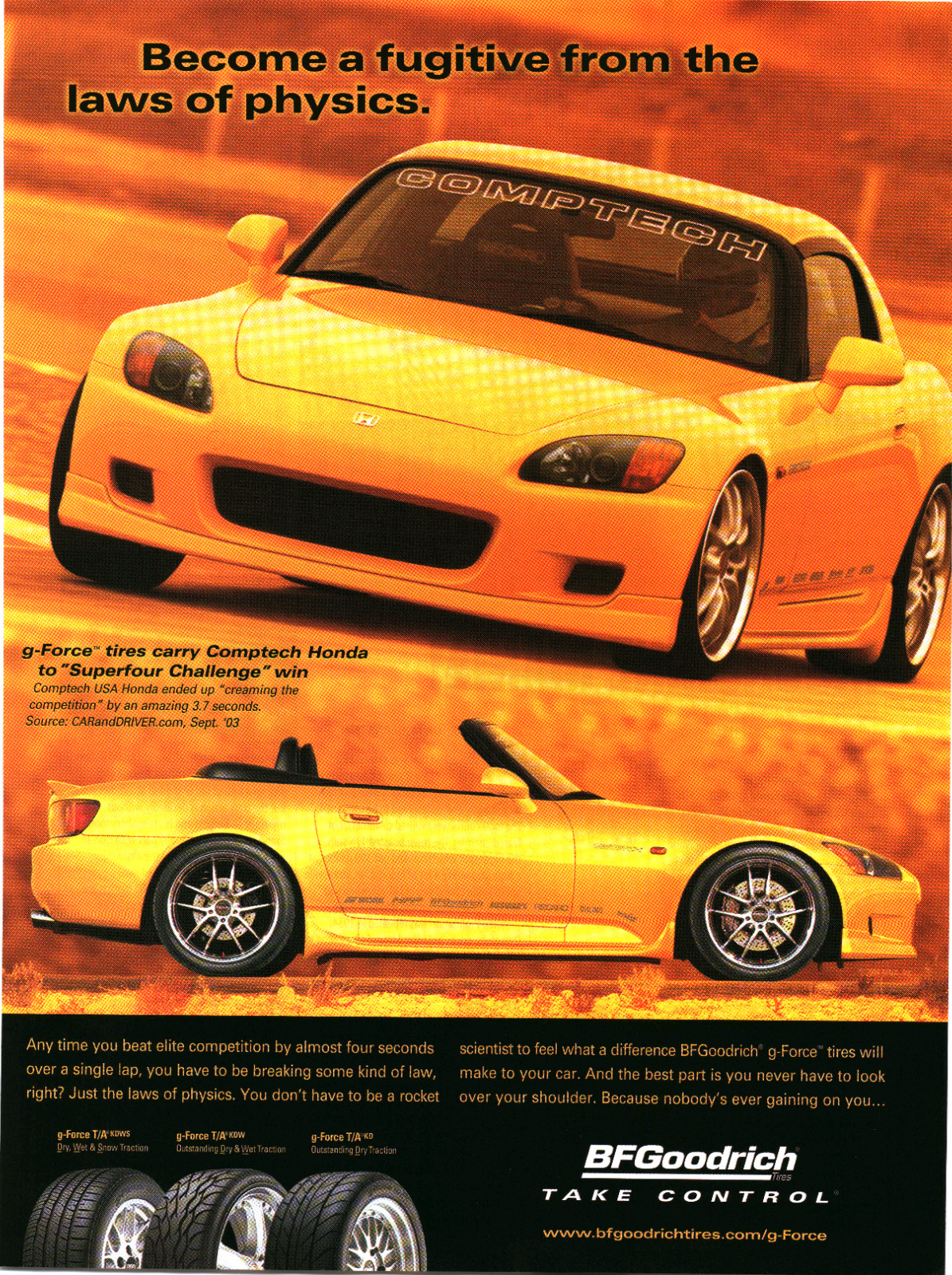 2004 BFGoodrich g-Force Tires Comptech Honda S2000 Yellow Convertible Print Ad