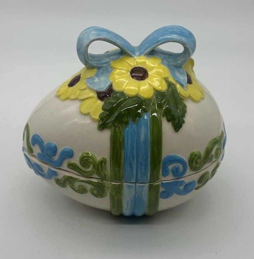 Hand Painted White Ceramic Egg Trinket Box Small Floral Bow Easter Decor Art 6×5
