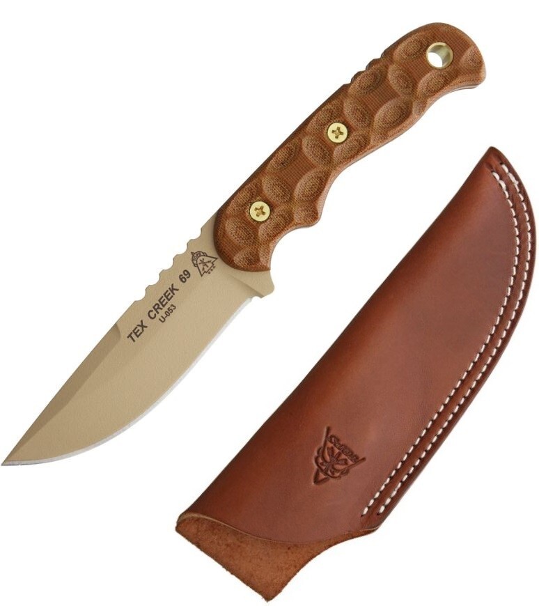 TOPS Tex Creek 69 Fixed Knife 4″ 1095 Tool Steel Drop Point Blade Micarta Handle