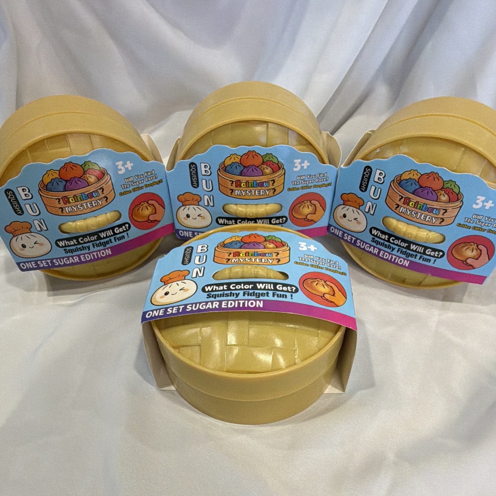 4- BUN Sugar Edition Rainbow Dumpling Mystery Squishy Blind Pack Glitter Gold 3+
