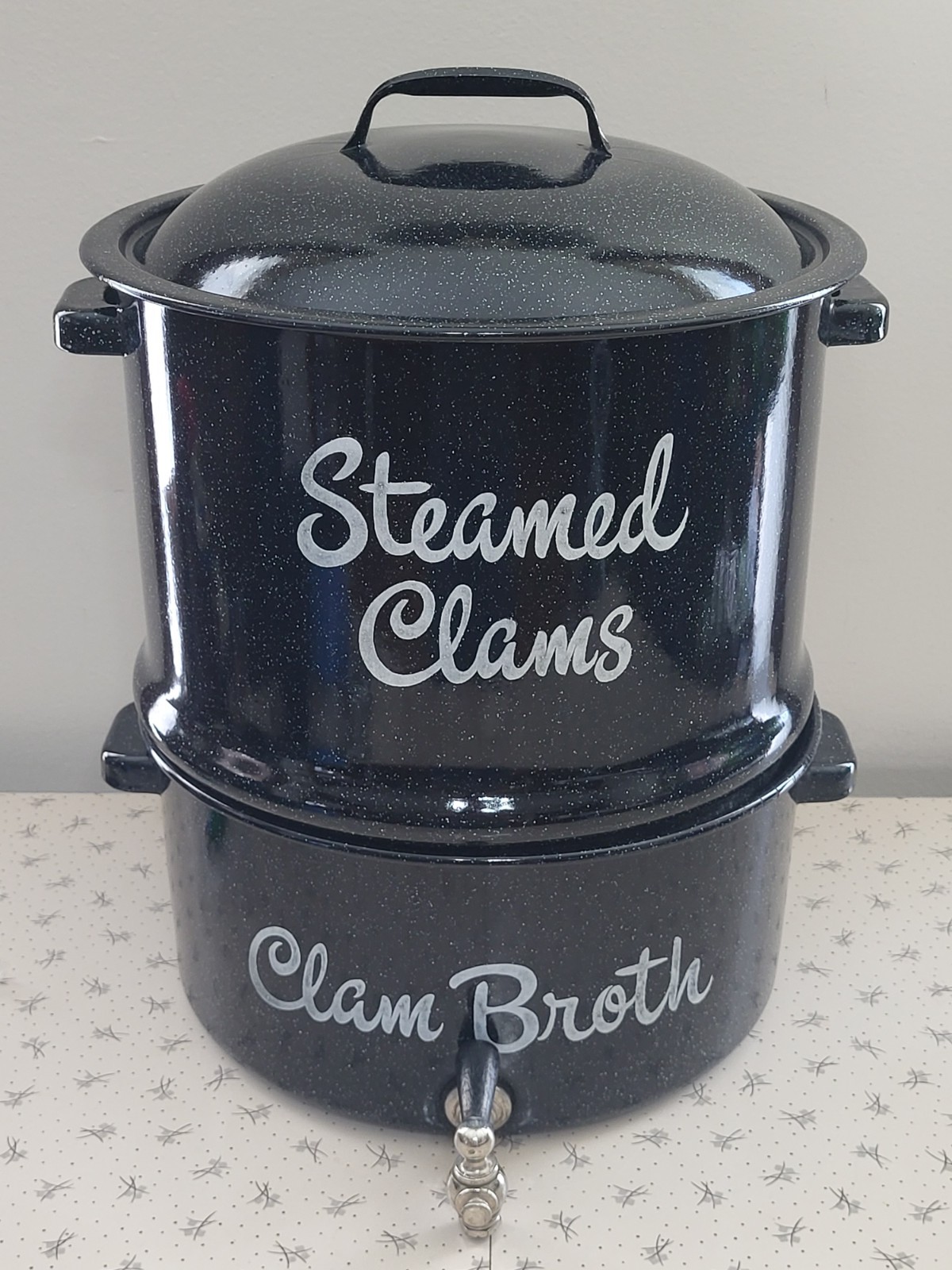 Vintage Speckled Enamel Double Steam Pot Clam Broth Lobster w/Spigot Lid Steamer