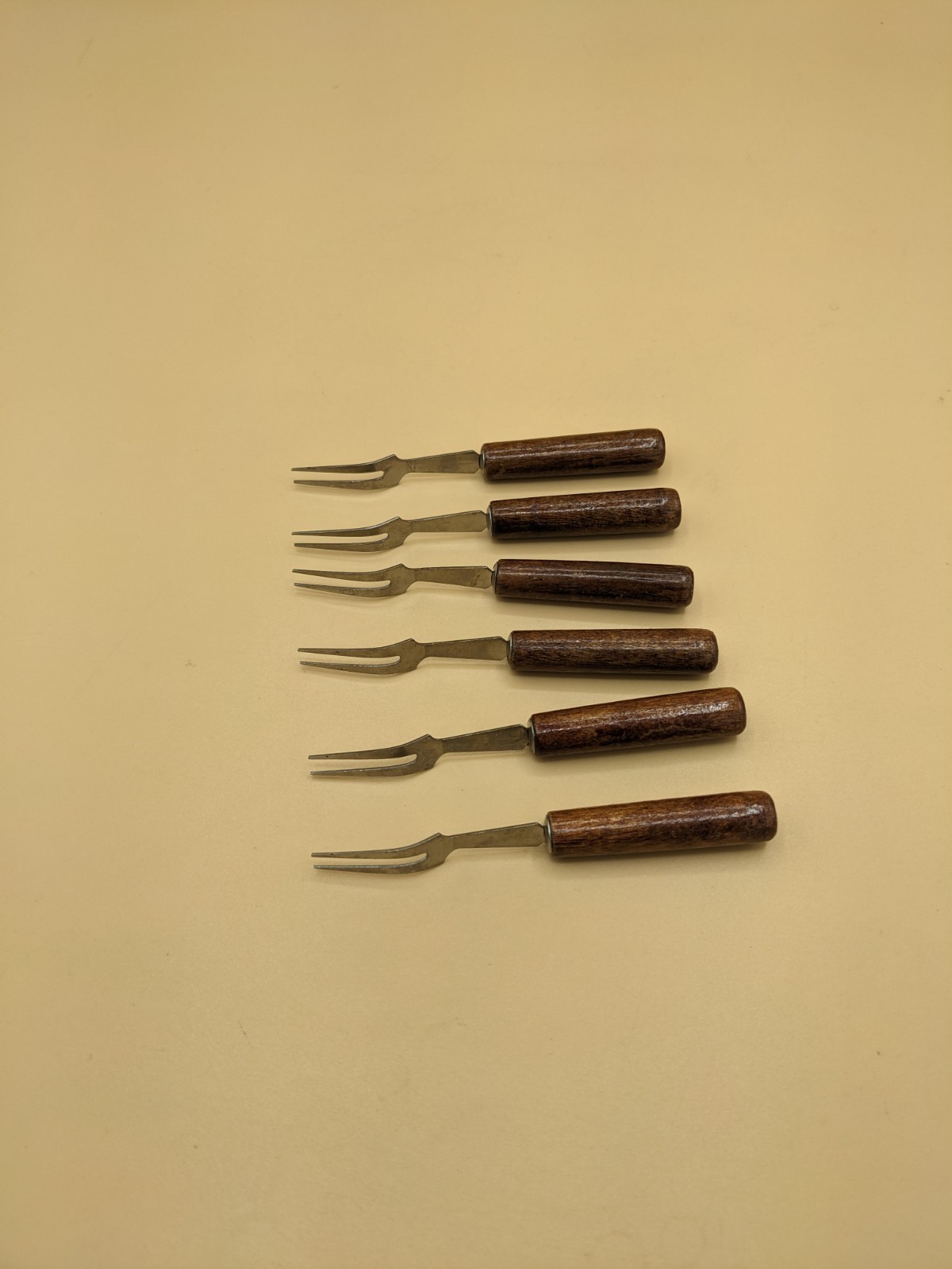 Vintage Mini Appetizer Forks Mid Century Modern Set Of 6 Wood Handles Stainless