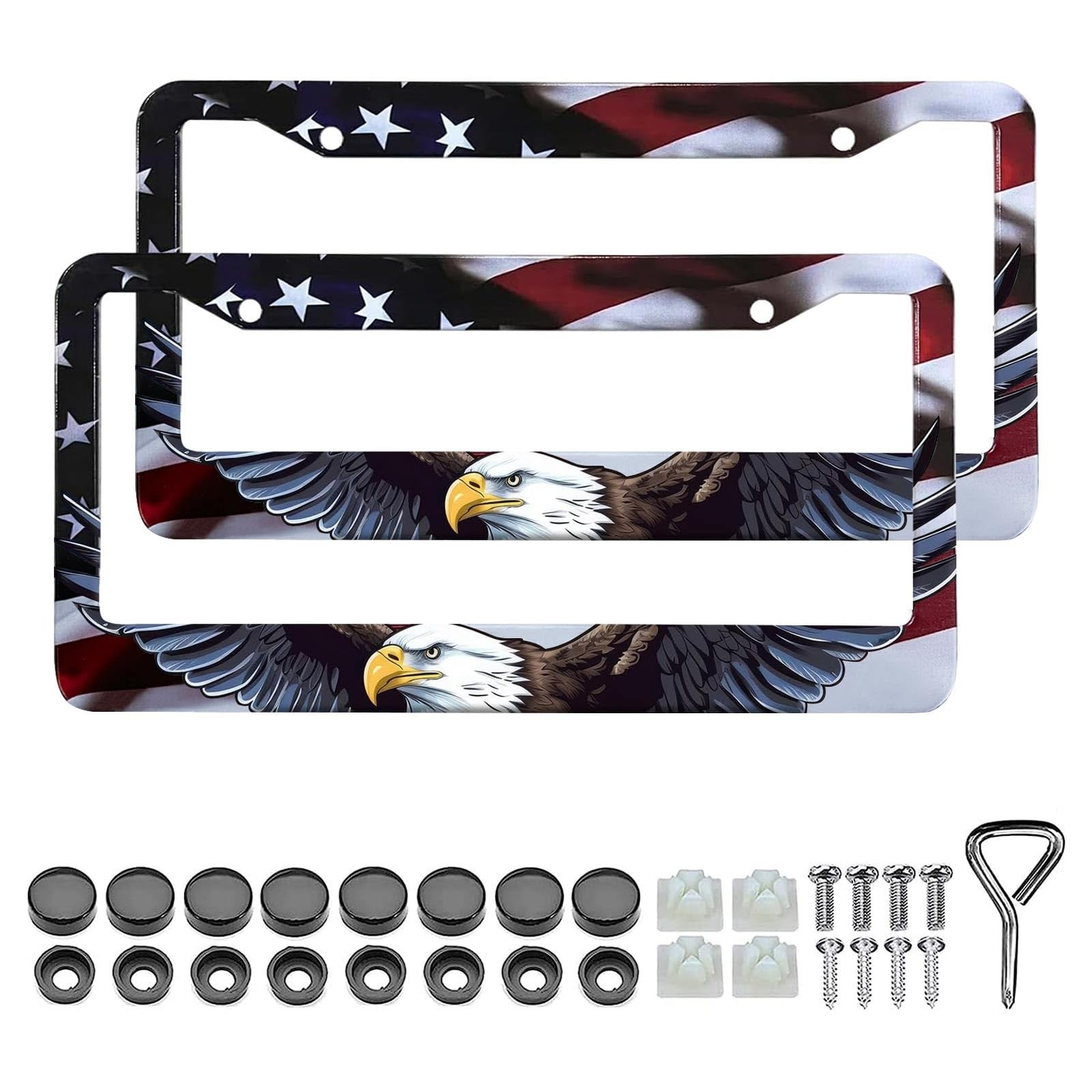 American Flag Eagle License Plate Frame Holder – 2 Pack Patriotic Universal Alum