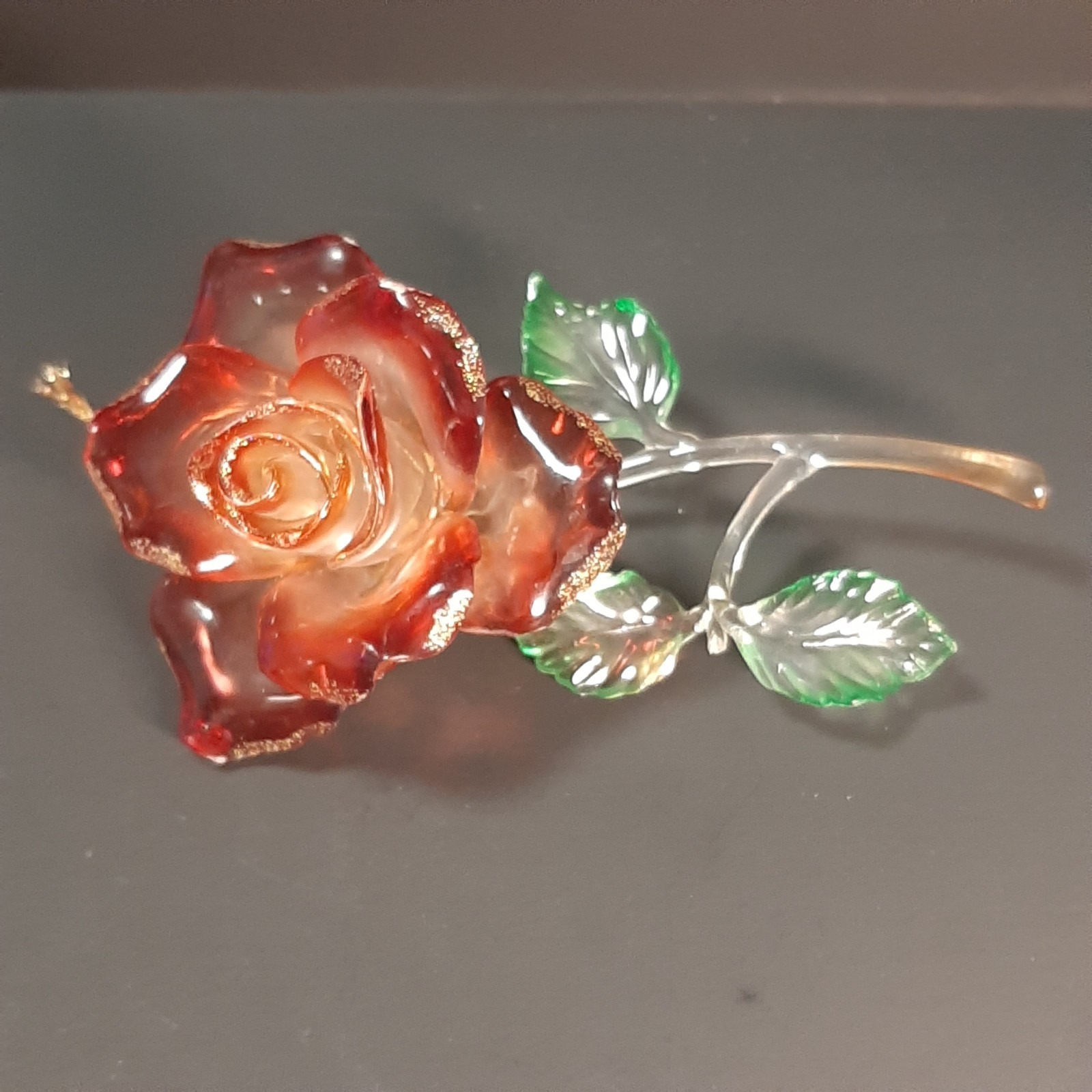 Vintage Christmas Ornament Clear Red Green Acrylic Rose Glitter Flower Floral