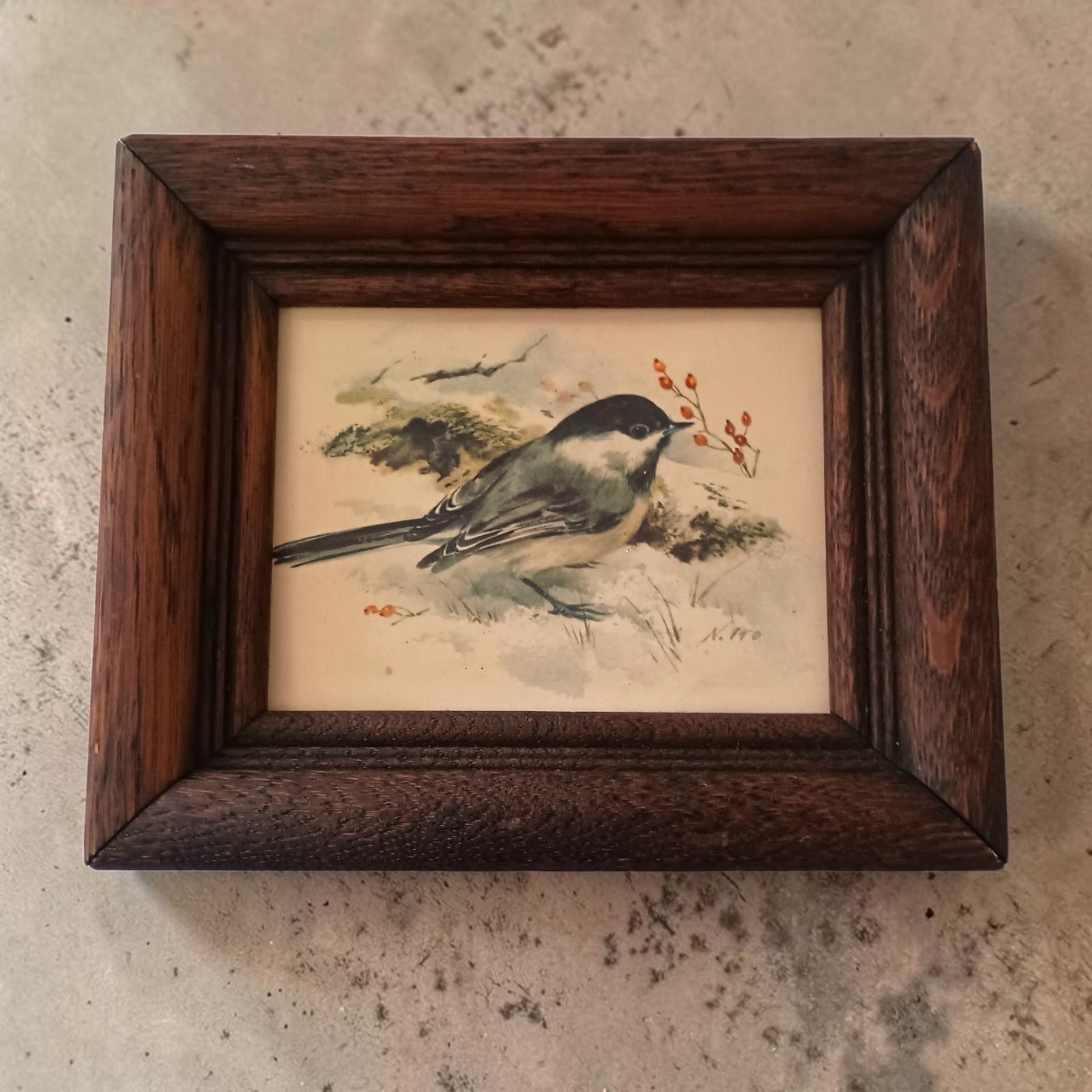 Vtg Mini Framed Chickadee Bird Print Rustic Wood Frame Cottagecore Cabin Decor