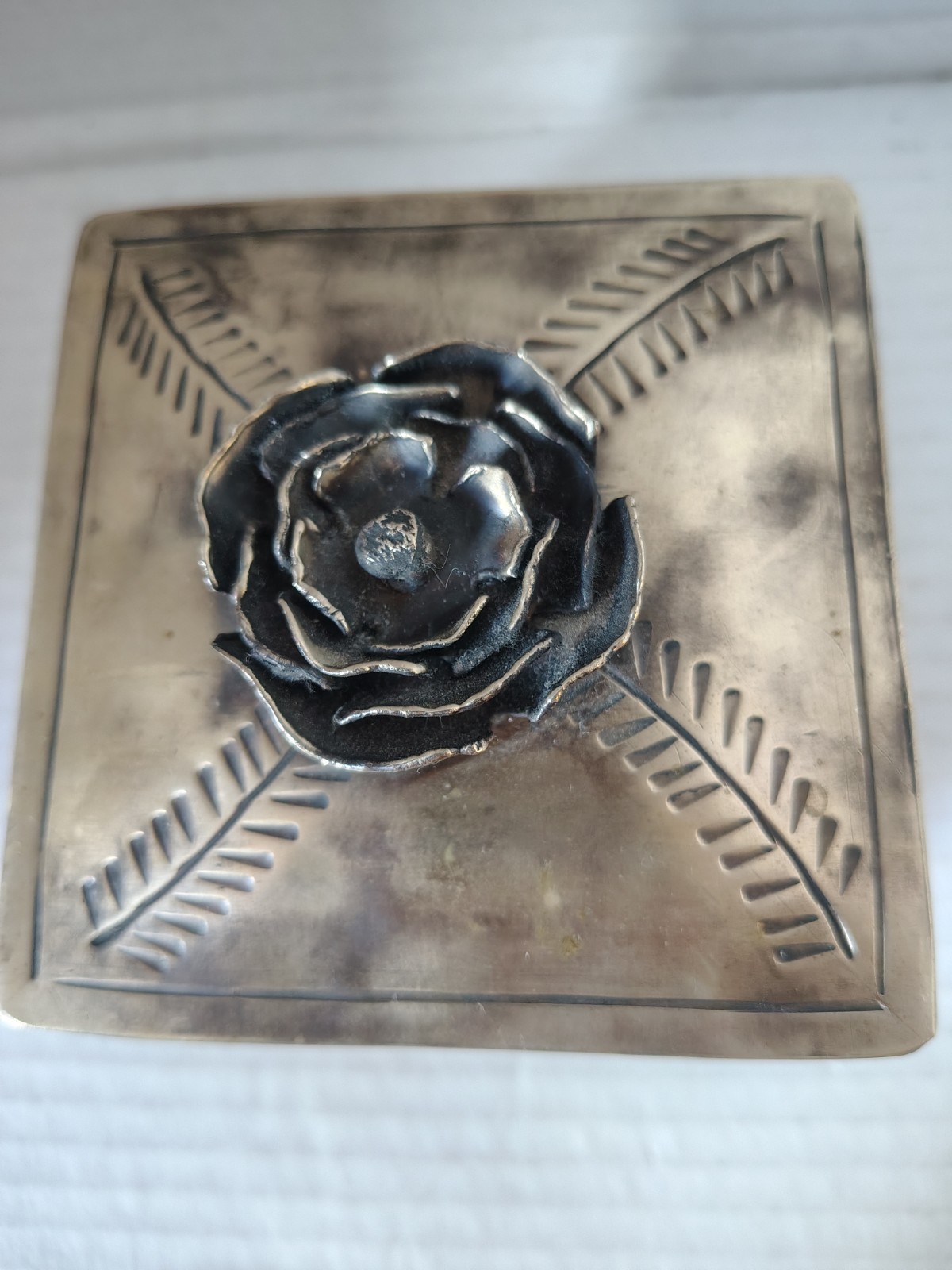 J. Alexander Rustic Silver Square Stamped Rose Box WJA-028 Trinket Keepsake