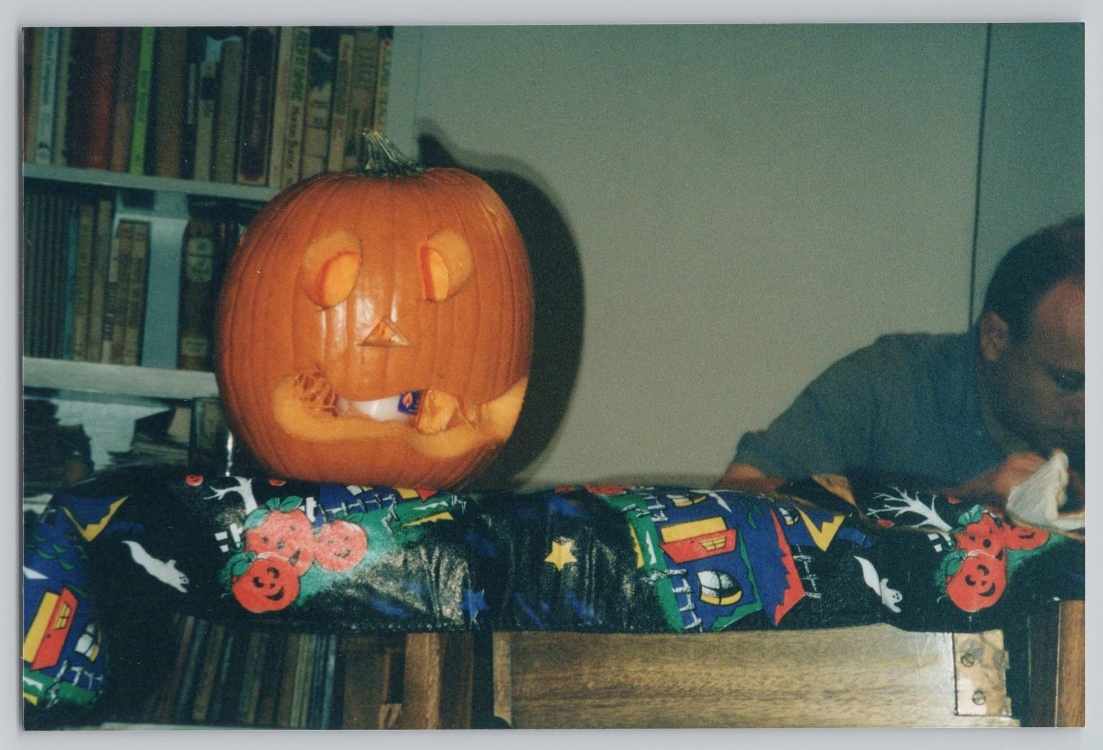 90s Carved Jack-O-Lantern Pumpkin Retro Halloween Table Decor Found Photo