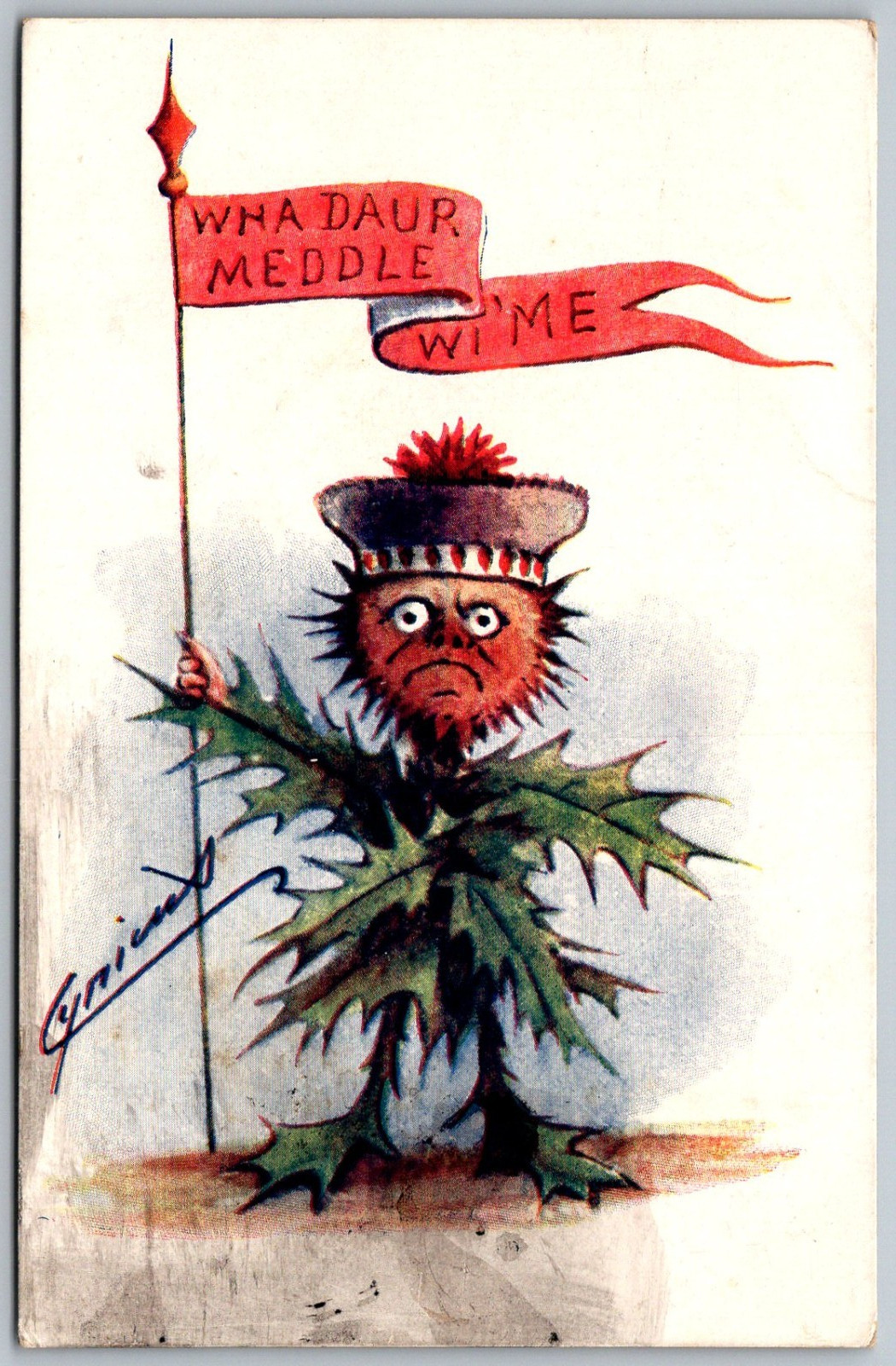 Scotland 1920s Comic Humor Postcard Thistle Leaf Man Flag Daur Meddle Wi Me