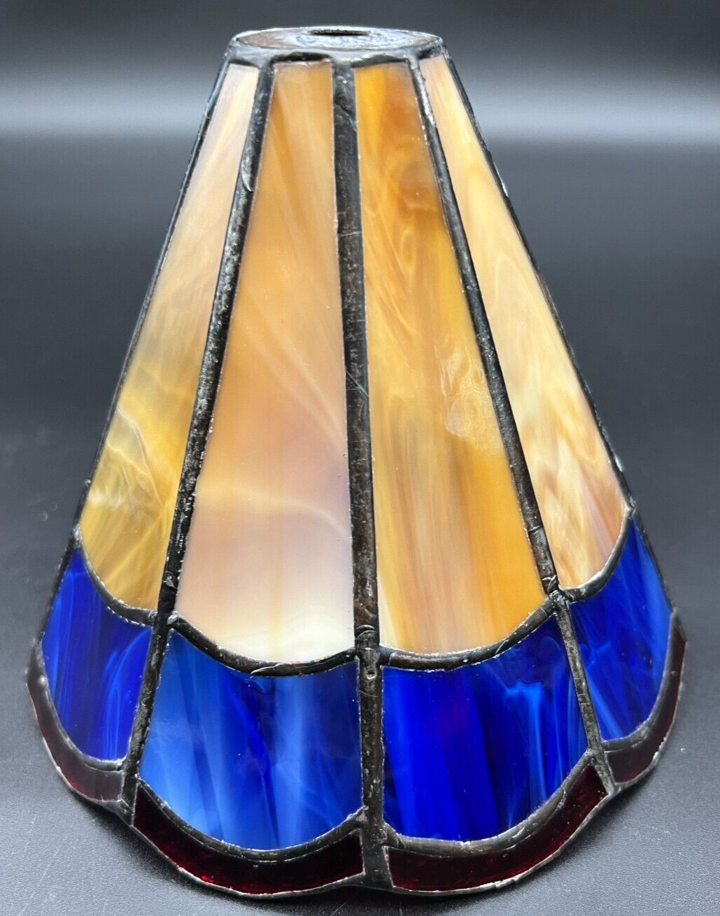 Vintage Brown Blue and Red Stained Glass Cone Shape Lamp Shade
