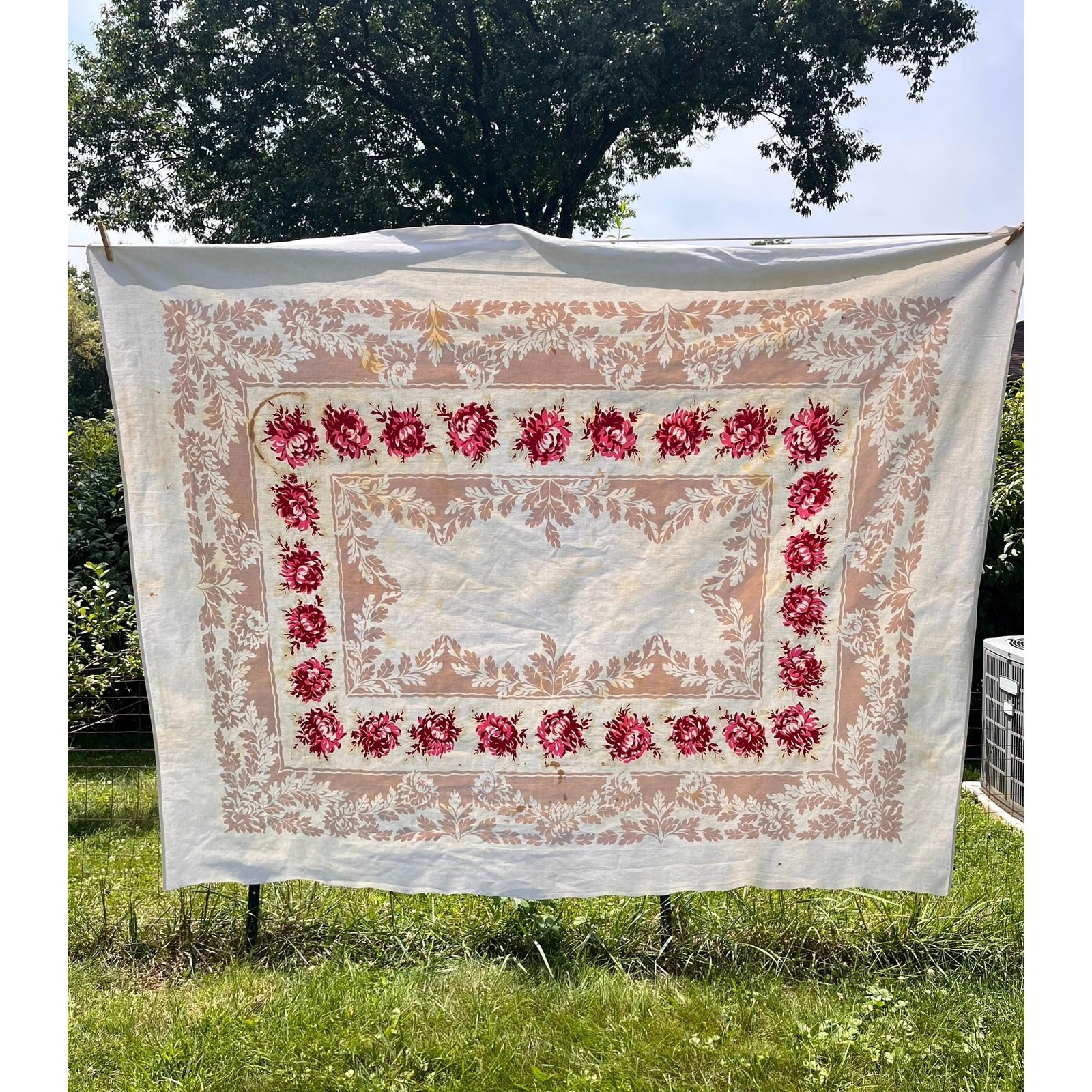 Vintage Tablecloth with Red and Pink Roses and Leaves