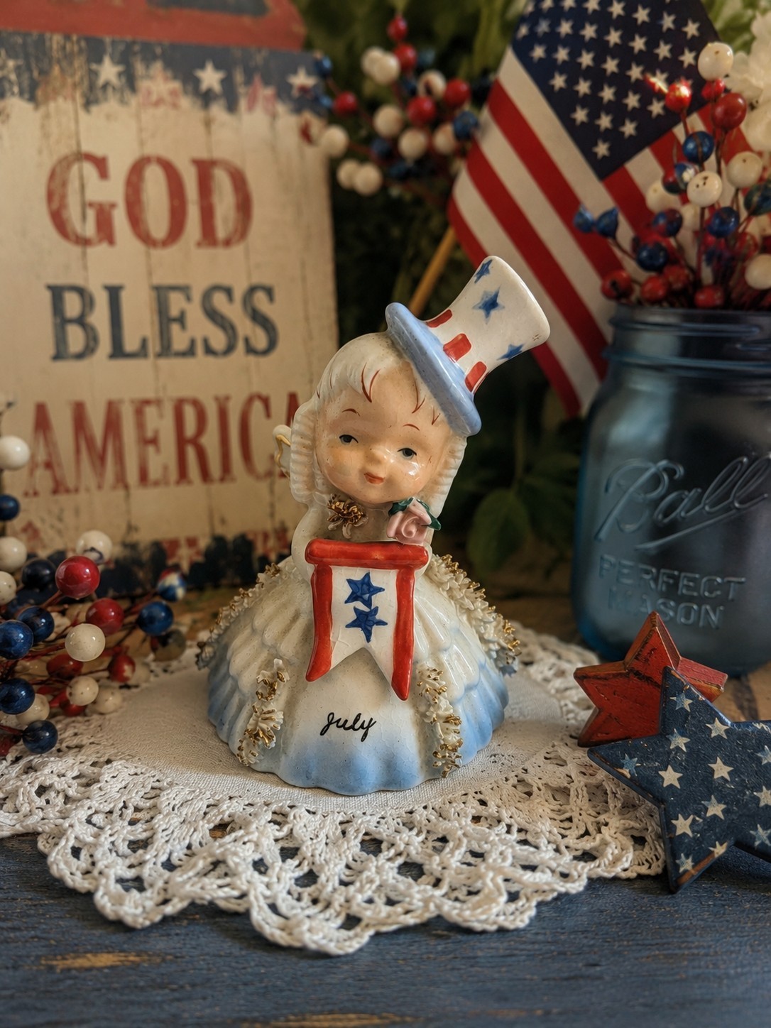 Vintage Napco July Angel Bell Figurine Patriotic Uncle Sam Hat
