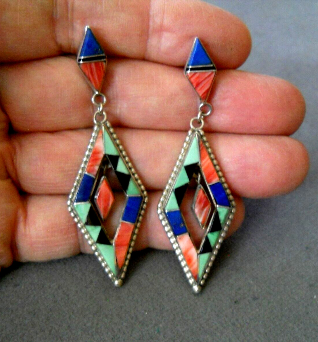Native American MultiStone Zuni Inlay Sterling Silver Diamond Post Earrings 2.8″