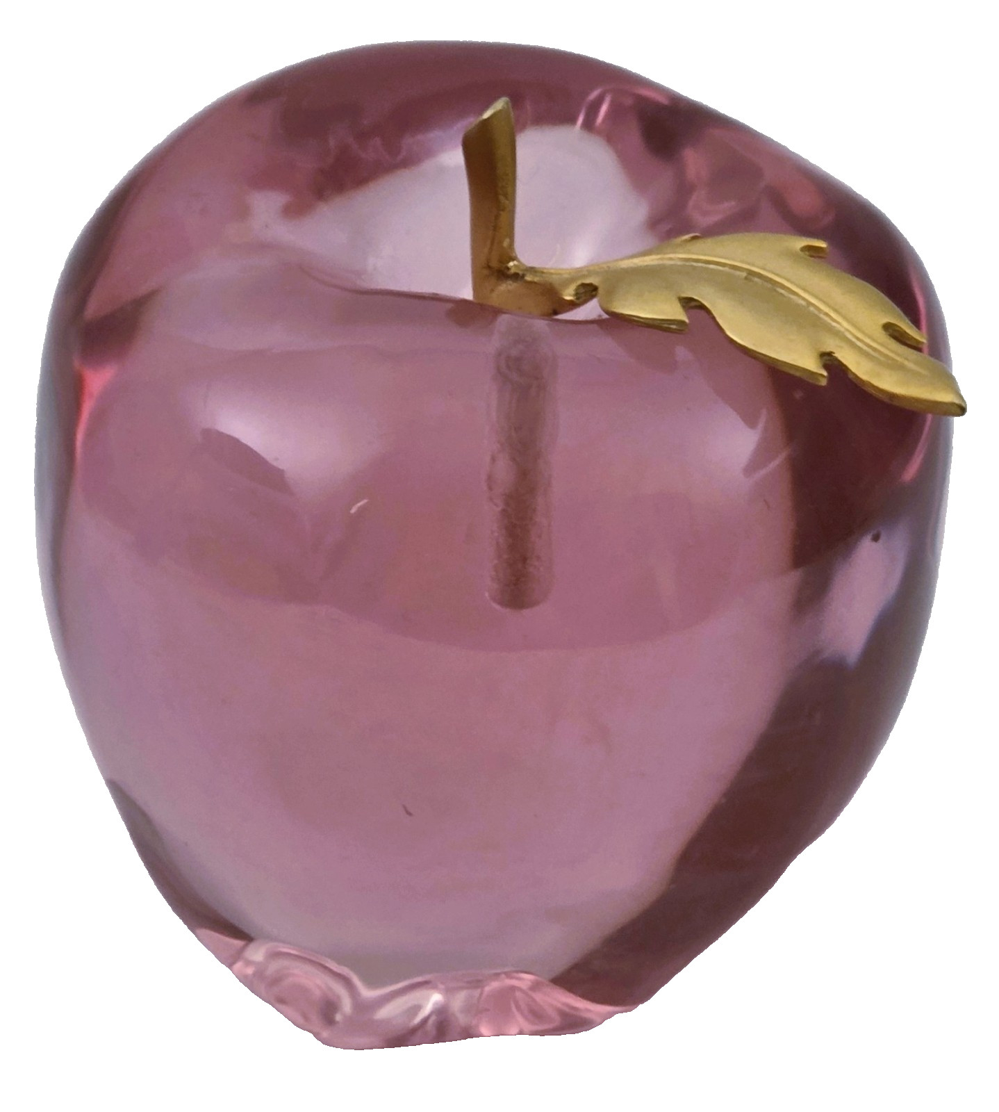 Lucite Acrylic Pink Apple Metal Leaf Stem Fruit Paperweight – 3-1/4″ x 3″