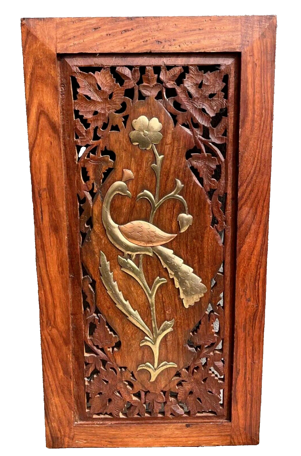 Vintage Hand Carved Wood Brass Inlay Peacock Floral Wall Panel Art 20″ x 10.5″