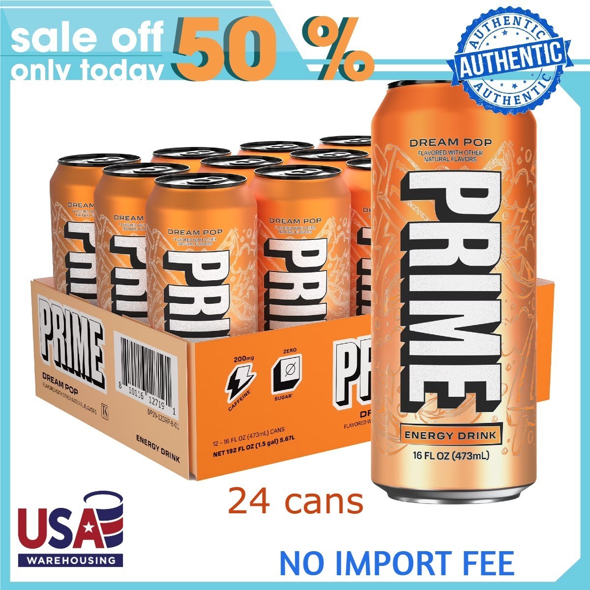 Prime Sugar Free Energy Drink, Dream Pop, 16 fl oz 24 Pack, Cans, 200mg Caffeine