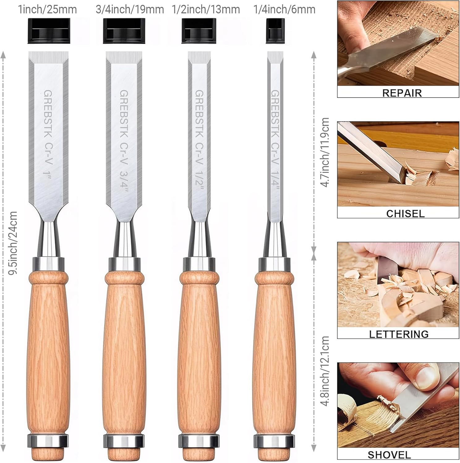 4 Pcs Wood Chisel Set CRV Steel Bevel Sharp Edge Bench Chisels with Safety Caps