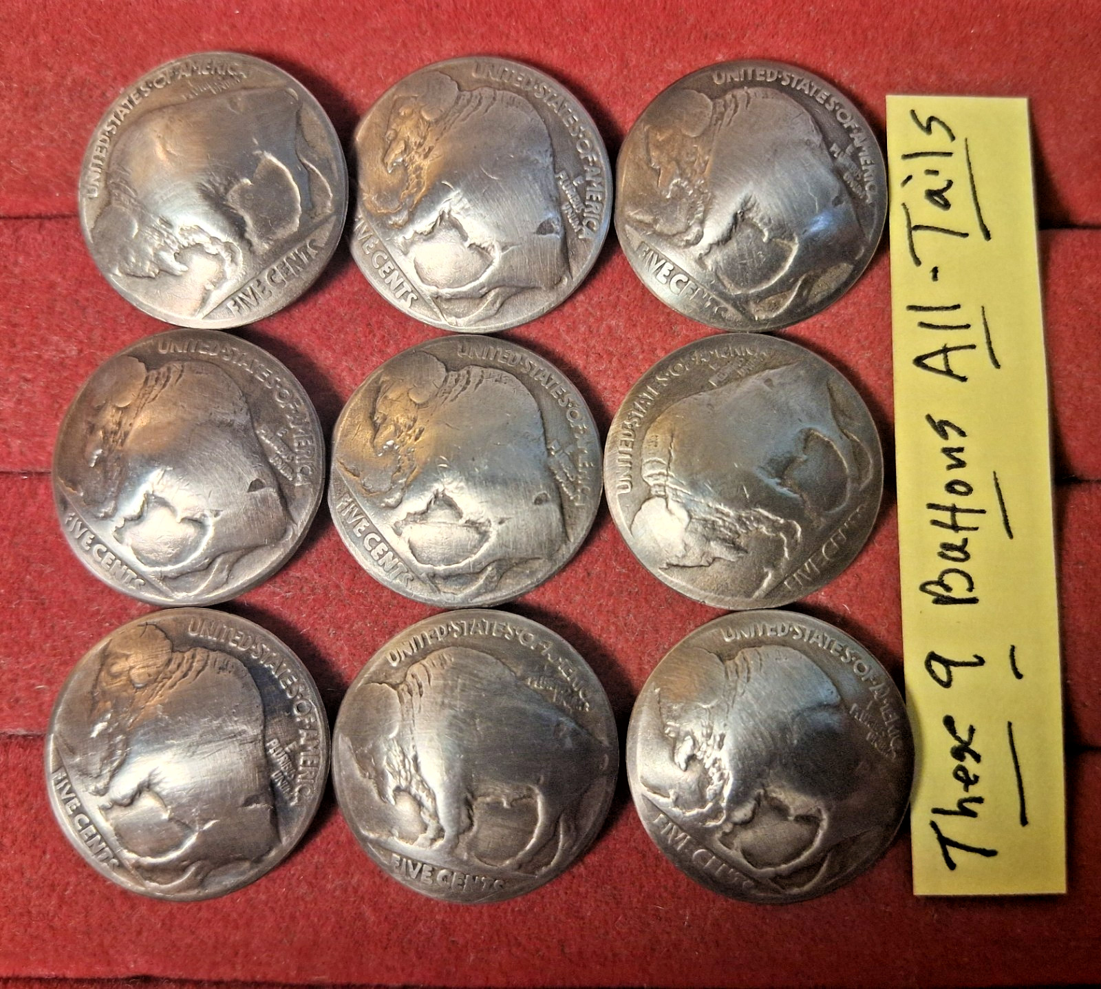 9 Real Genuine US Buffalo Indian Head Nickel Domed Shank Coin Buttons 3/4″ 4$S/H