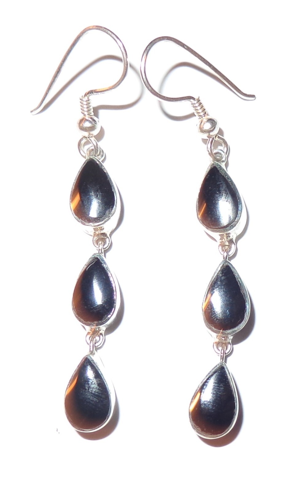 NEW LEX 925 SILVER & ONYX BLACK TEARDROP DANGLE DROP FISHHOOK EARRINGS 1-3/4 IN.