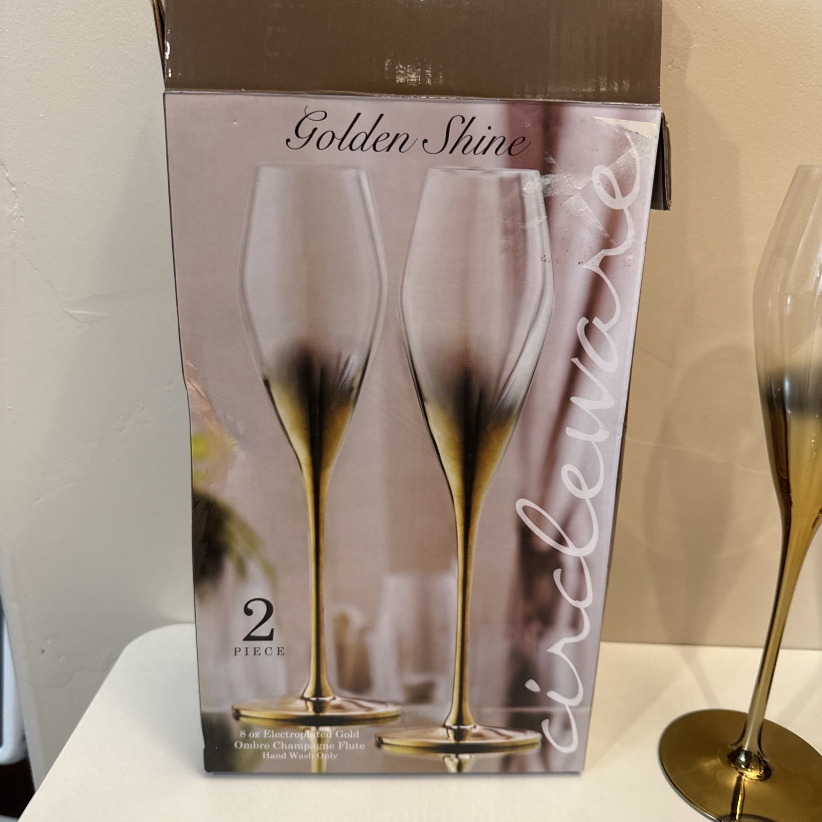 Champagne Flutes Golden Shine 8 oz Electroplated Gold Ombre W/Original Box. New