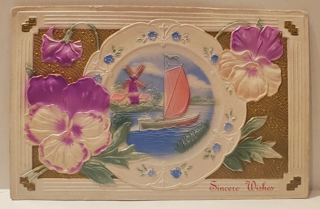 1910 Sincere Wishes Bright Colors Sail Boat Windmill Embossed Postcard
