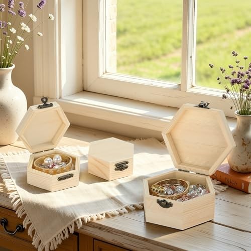 Hexagonal Wood Gift Boxes with Lid for DIY Crafts, 2 Pack, Large & Small, Pine