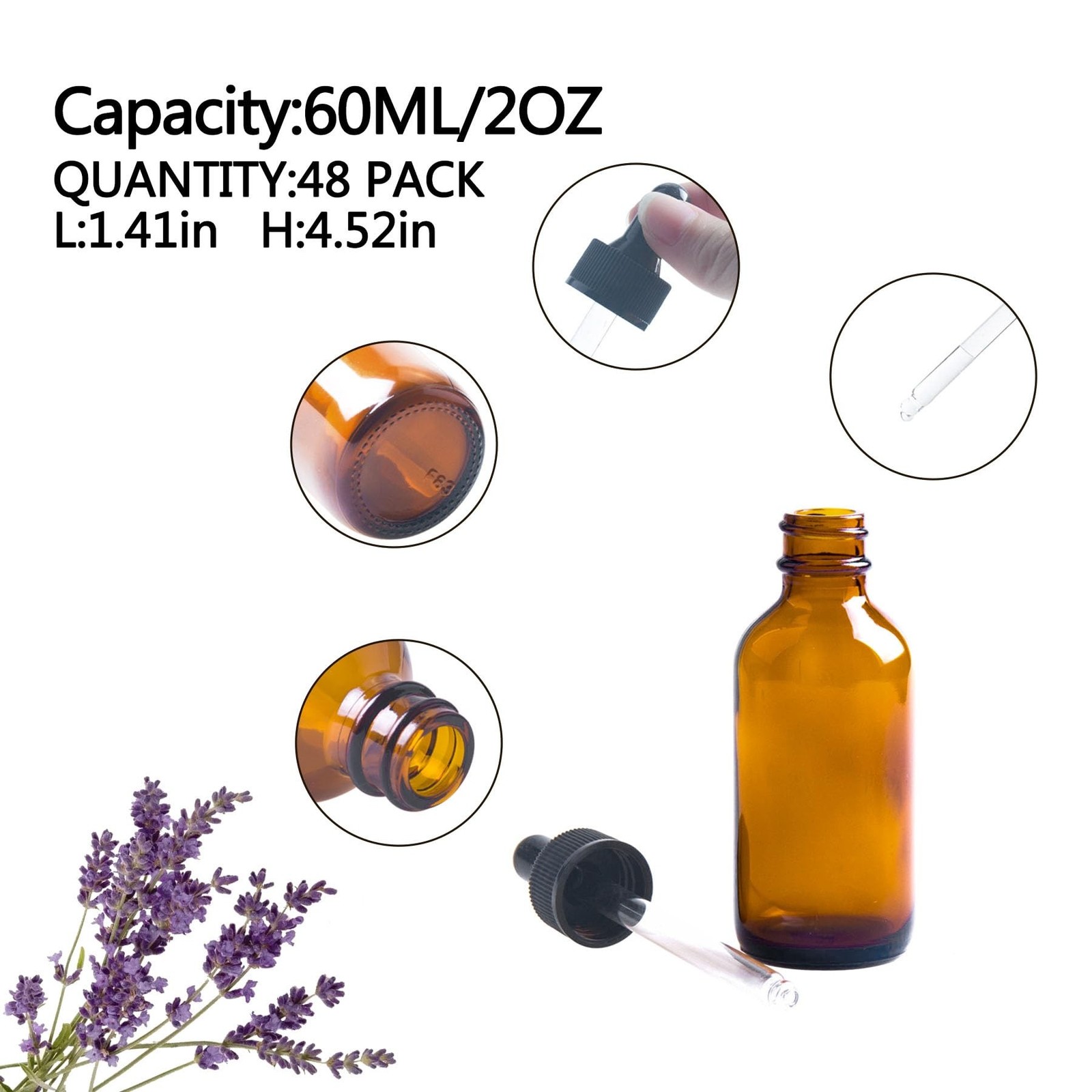 48 Pack 2oz Amber Glass Dropper Bottles, Glass Eye Dropper Bottles for Essent…