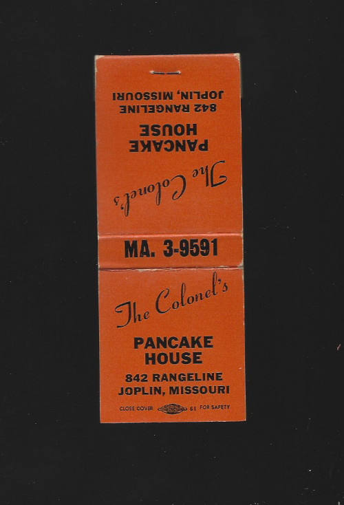 Vintage The Colonel’s Pancake House Joplin MO Ph MA 3-9591 Matchbook Full FS