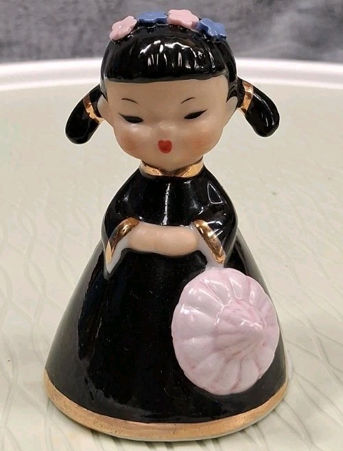 Vintage UCAGCO Japan Ceramic Bell Figurine Asian Girl Black Dress Pink Fan 3″