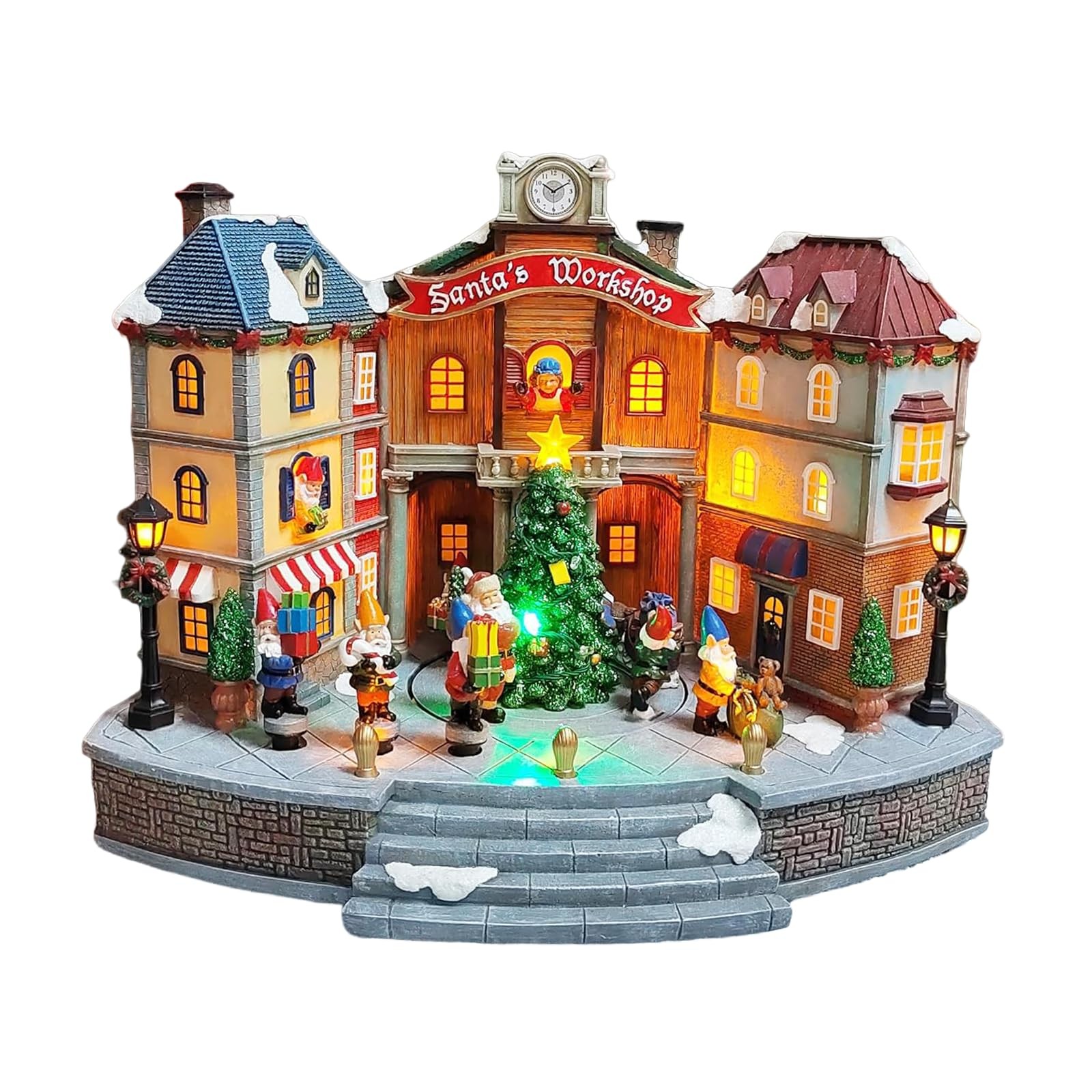 MOMENTS IN TIME 10.83“H Animated Santa’s Workshop Town Center (Moving Tree) – LE