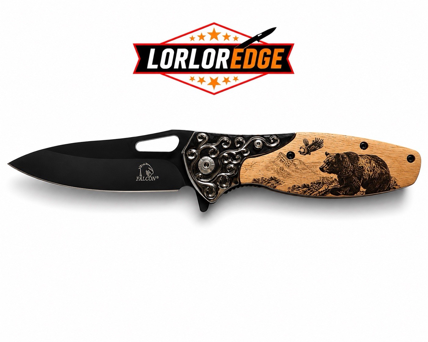 Falcon USA Designed 440 SS Pocketknife Drop Point Liner Lock Clip Wood Bear