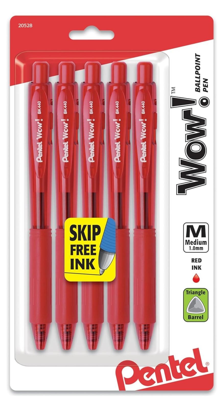 Pentel Wow! Retractable Ballpoint Pen, (1.0mm), Medium Line, Red Ink, Pack of 5