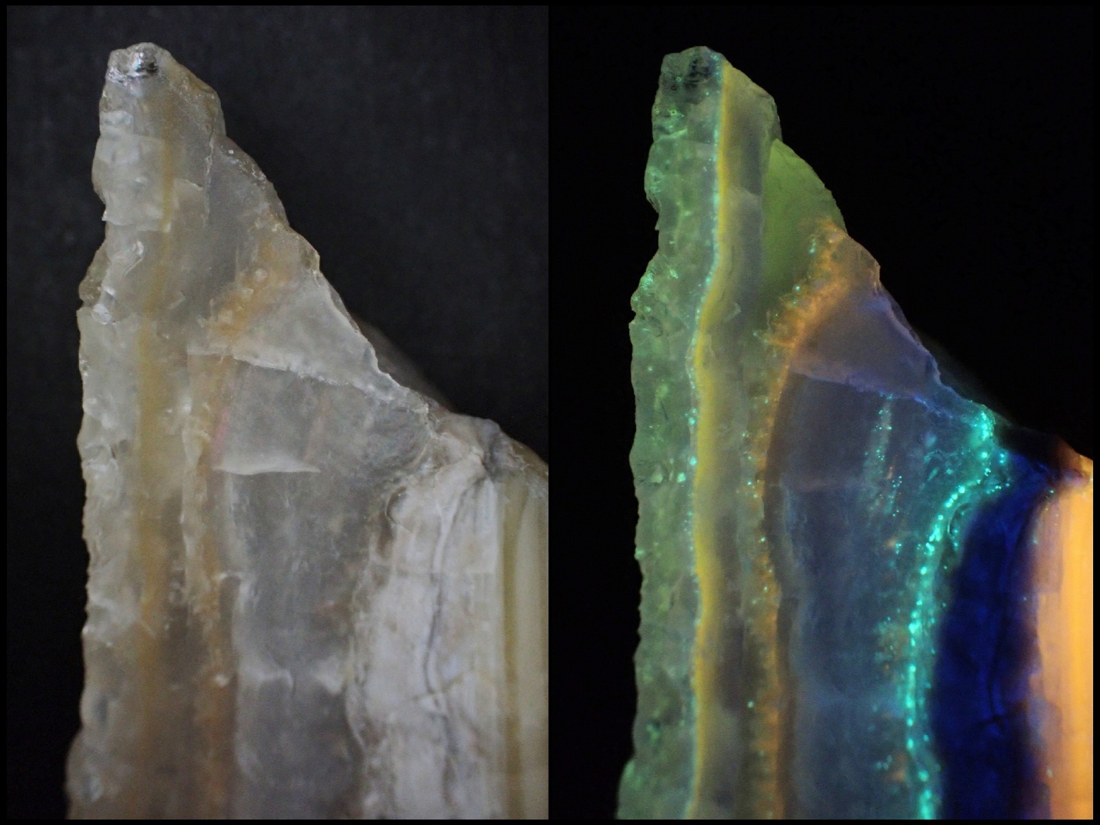 Beautifully fluorescent Hokkaidoite and opals containing organic minerals B239