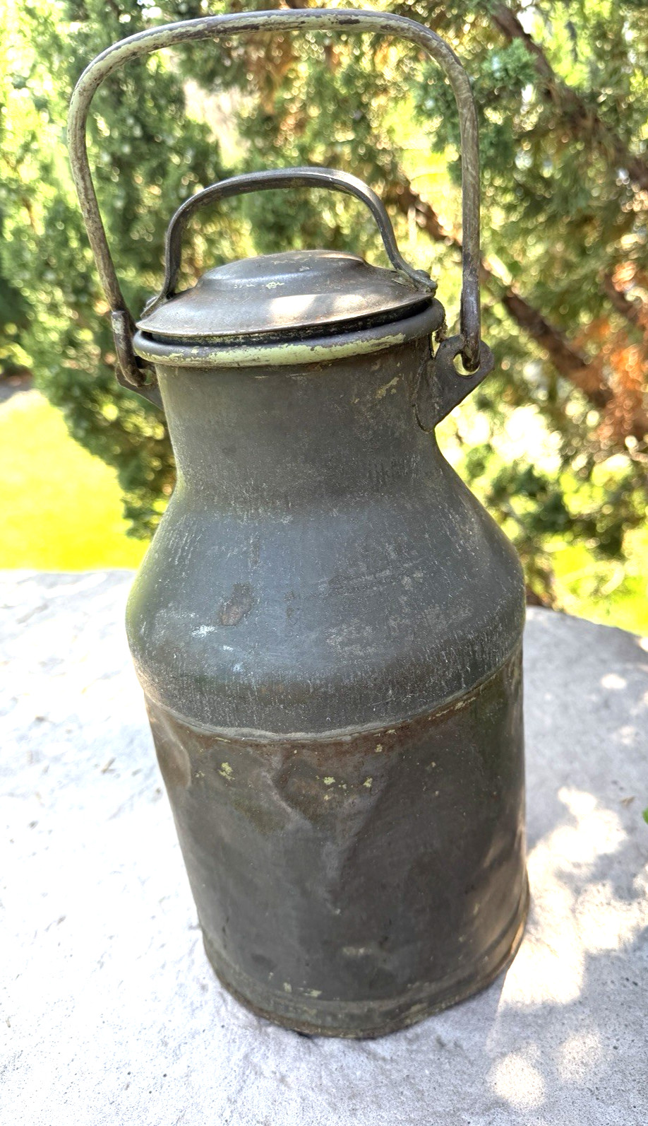 Antique Farmhouse 14.5 ” Milk Can Jug with Bale Handle & Lid Rustic Patina