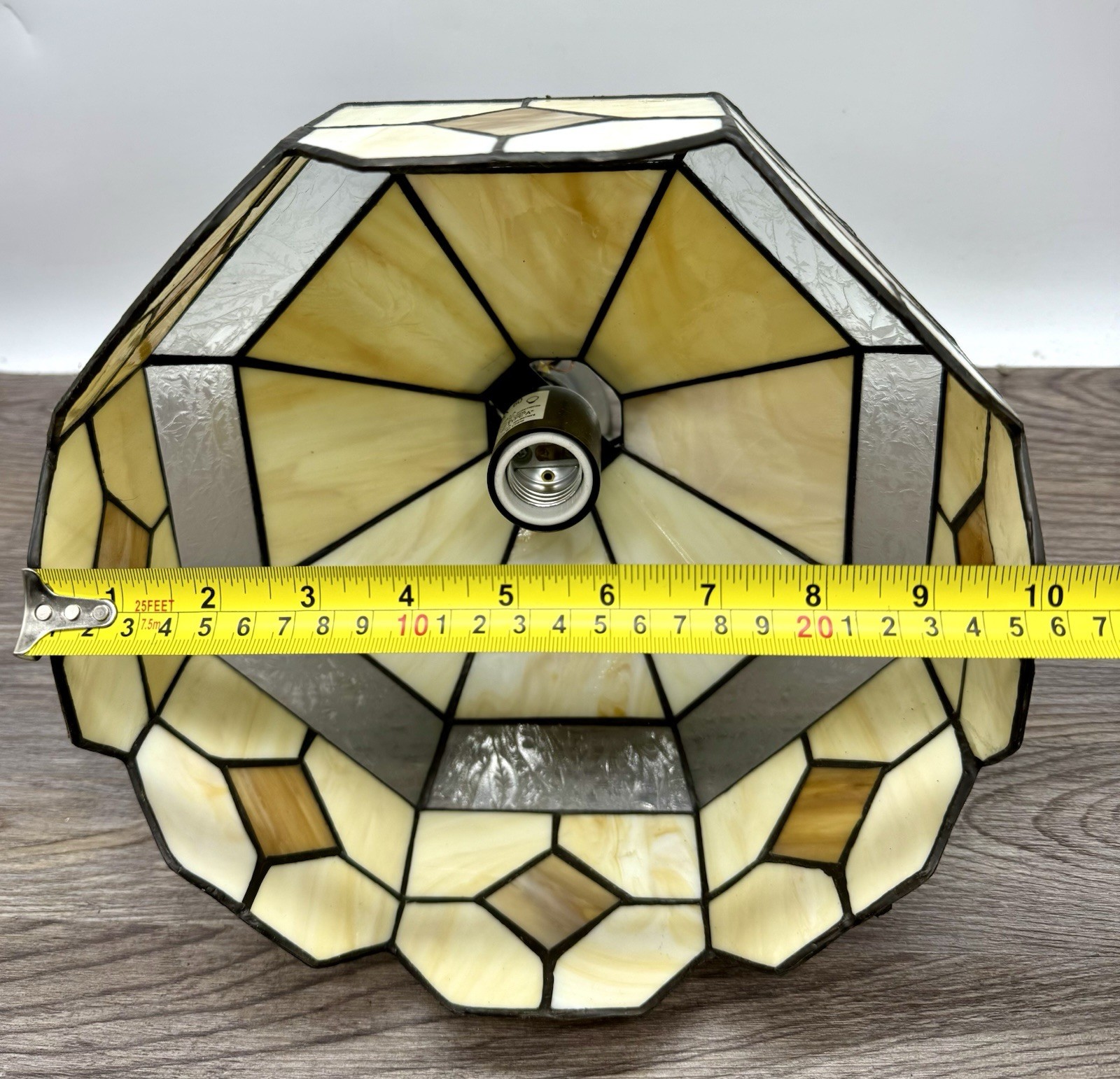 Hanging Stained Glass Beige & Clear Ceiling Light Fixture 11″ Chain & Cord VTG