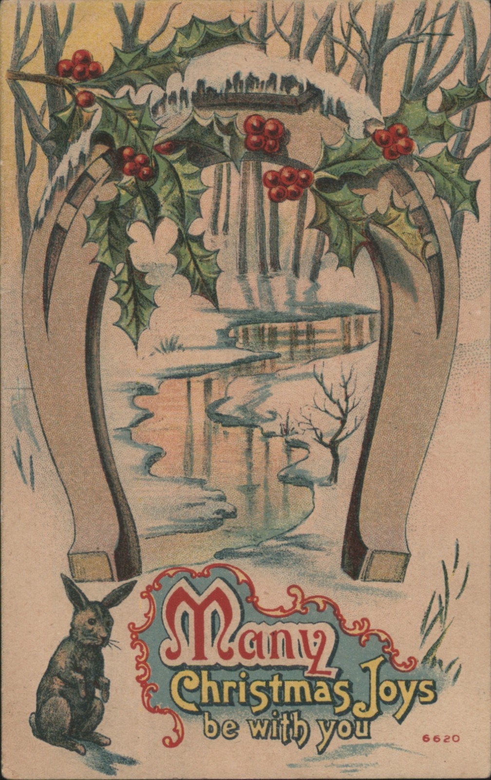 XMAS Christmas Horseshoe with Holly, Winter Scene, Rabbit 1919 KS Vintage