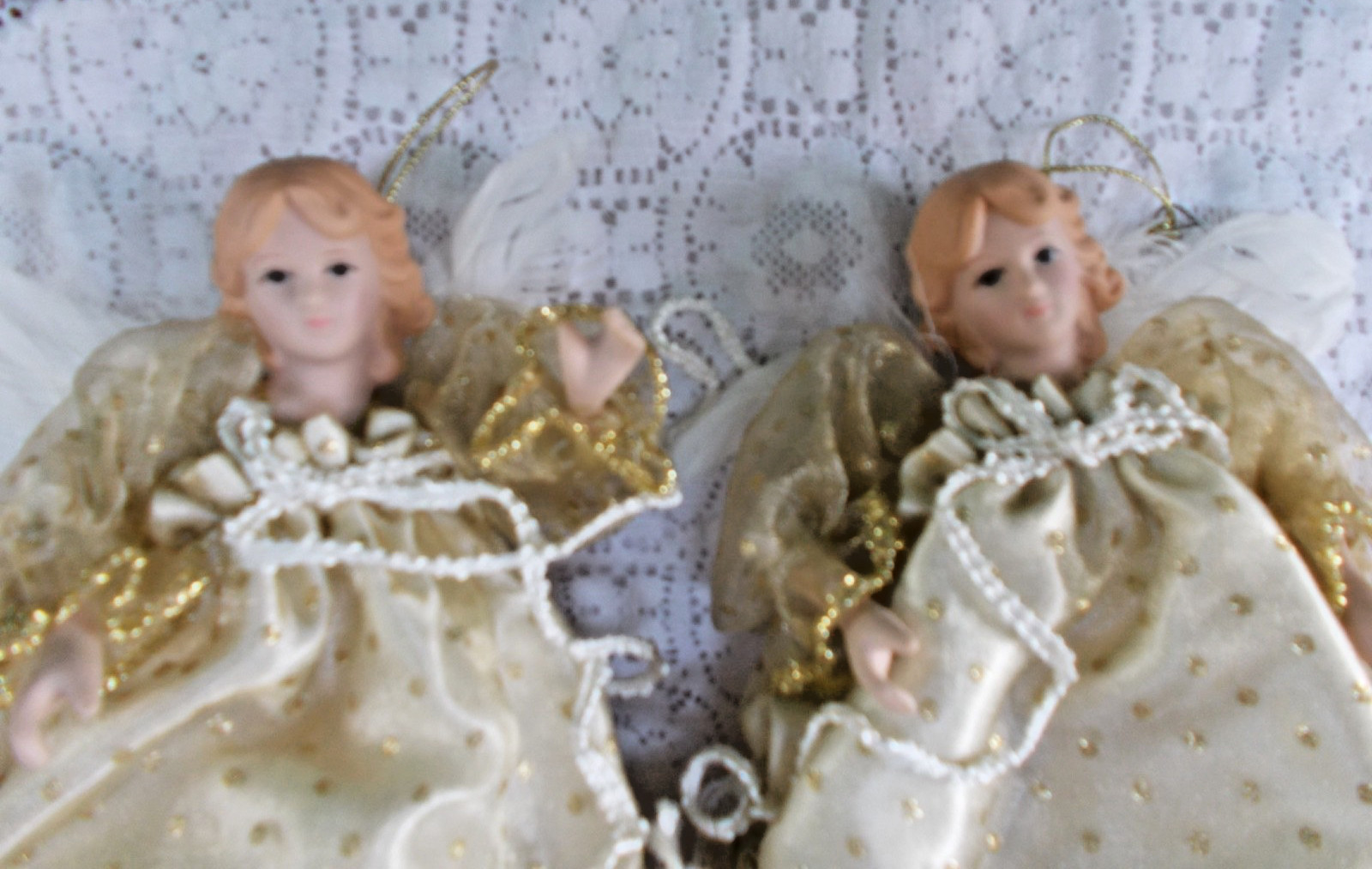 2 Vintage Angel Christmas Ornaments Fabric W/Porcelain Heads & Feather Wings 7″