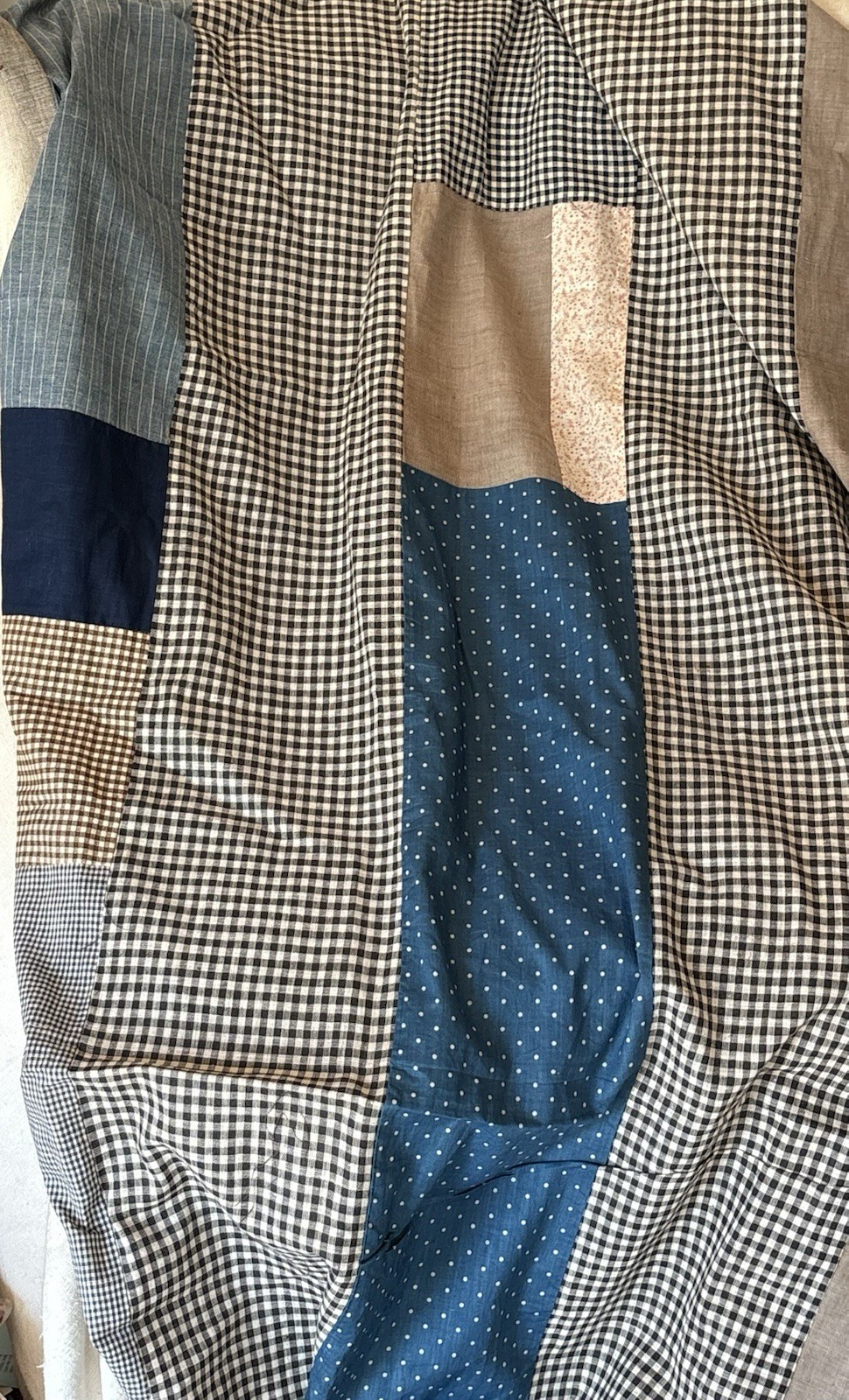 Antique Patchwork Calico Homespun Work Wear Cotton Quilt Top ~ Indigo Blue Brown