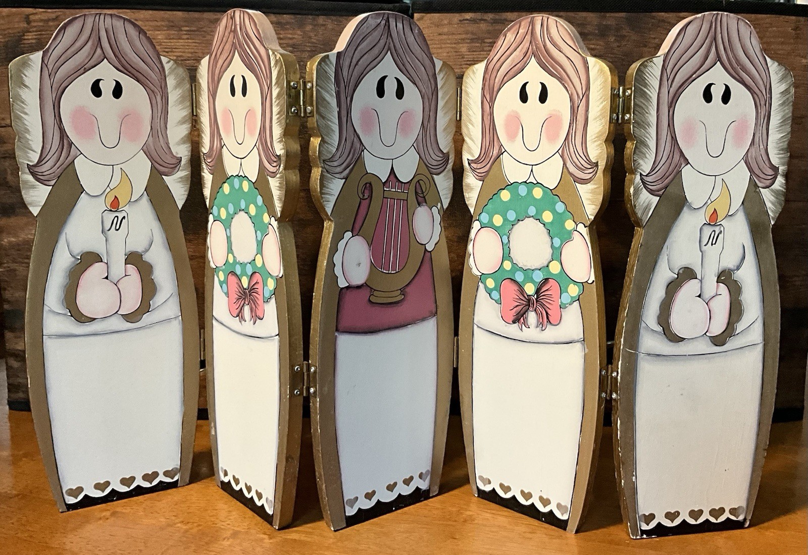 Vtg. Christmas Angels Wooden Mini Screen Holiday Folding 1995 ABC Dist. Folk Art