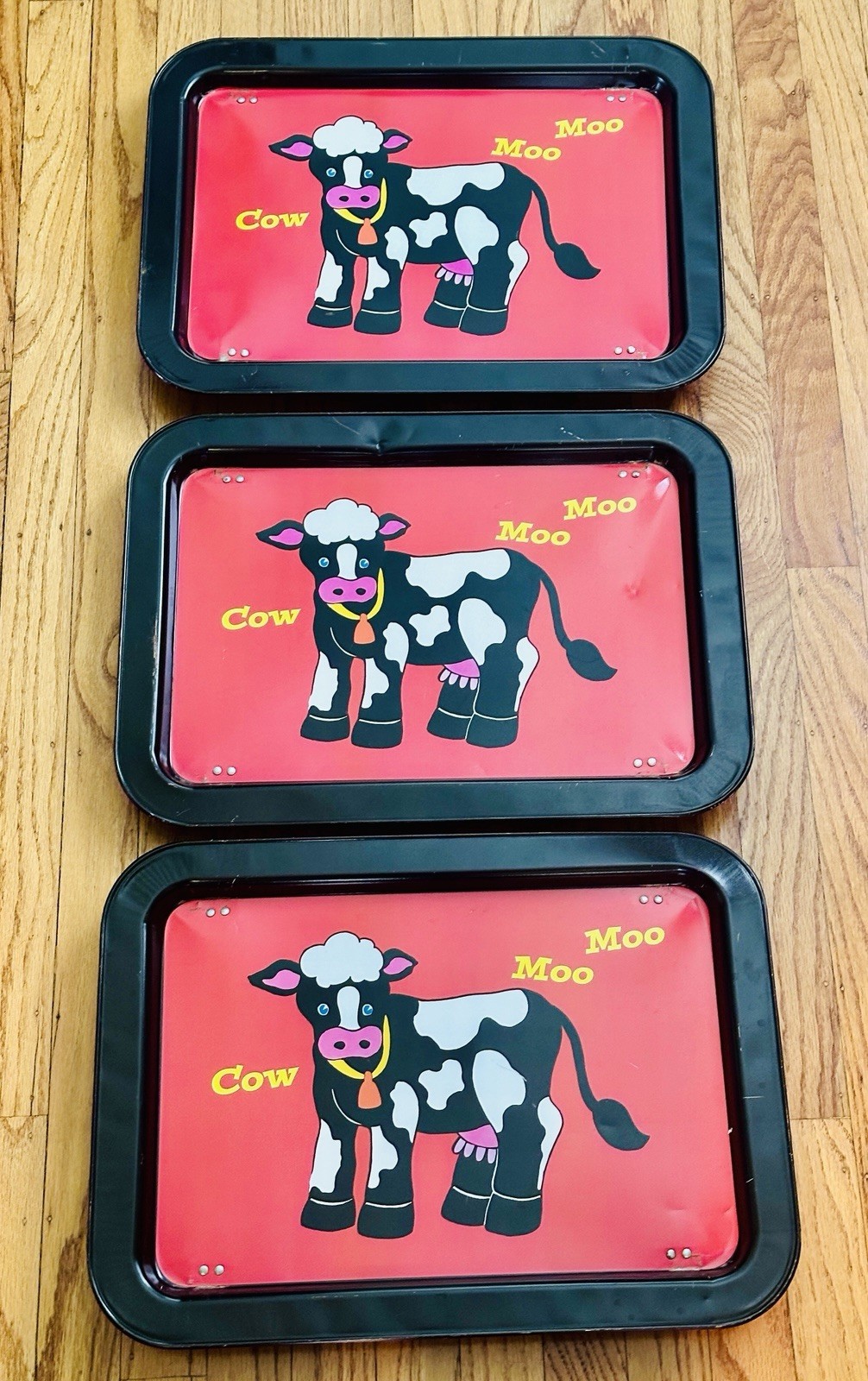Vtg 1960s Metal Folding TV Lap Trays Set of 3 Red Cow Moo Moo Farm Retro Table