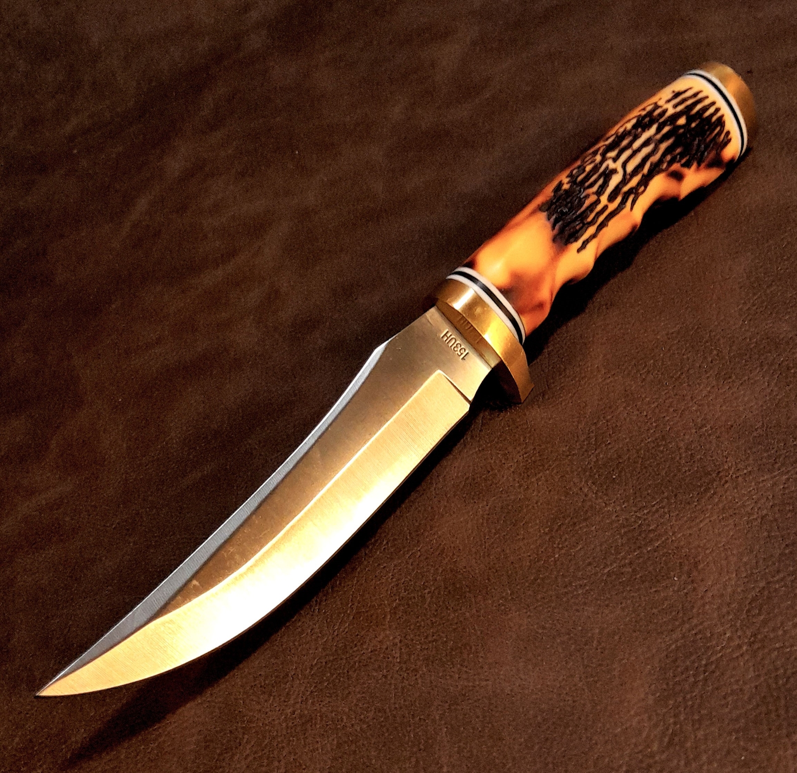 9 1/2″ Schrade Uncle Henry Golden Spike Knife w/Sheath, Stone & Staglon Handle