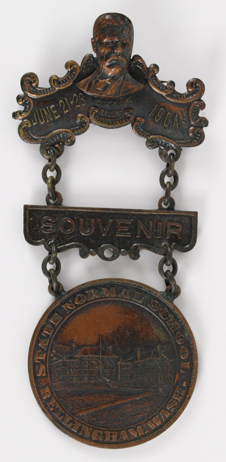 1904 Theodore Roosevelt 2″x4.5″ Souvenir State Normal School Pinback