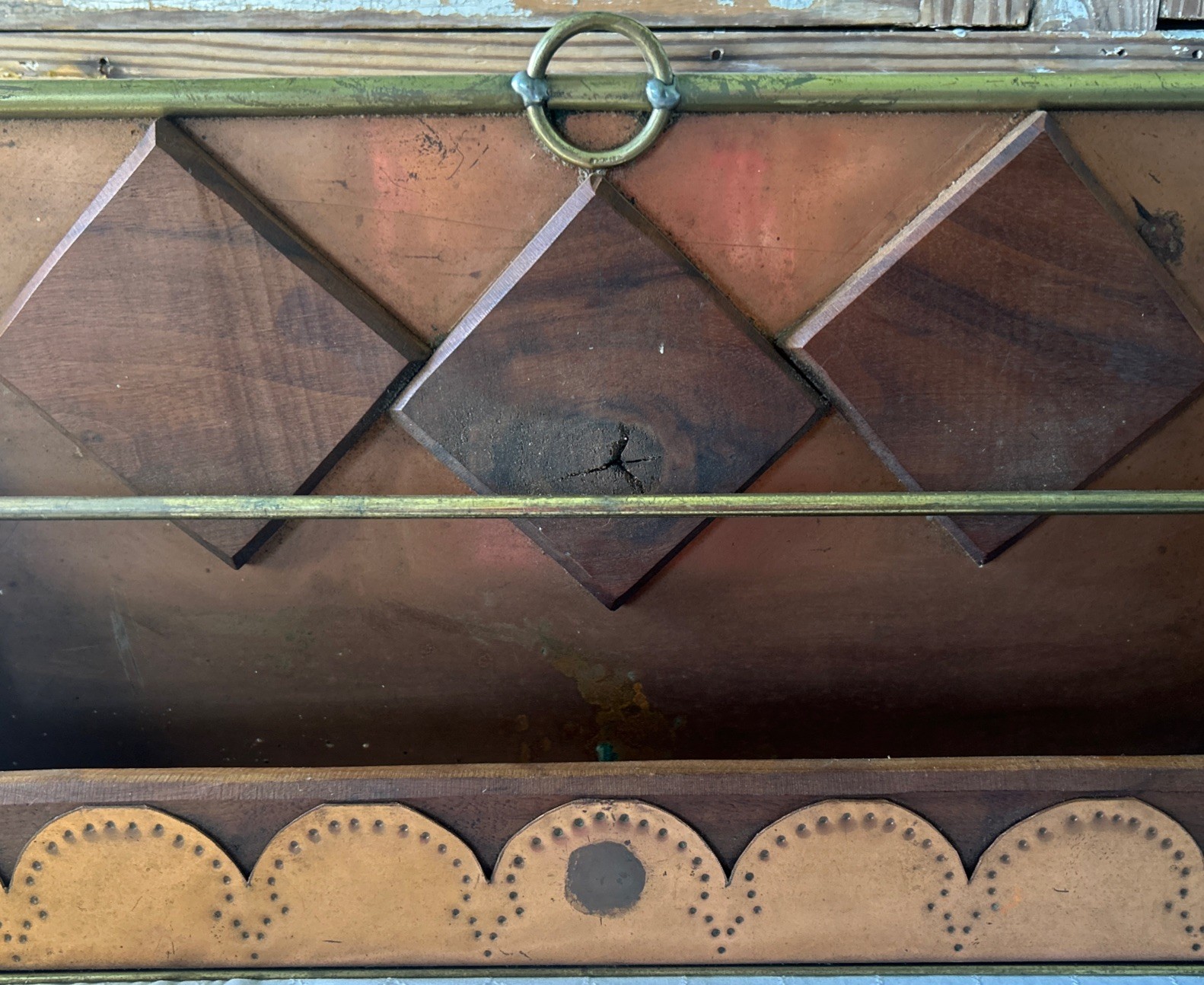 Tramp Art/ Copper Wood Spice Rack Or Letter Holder Unique Vintage