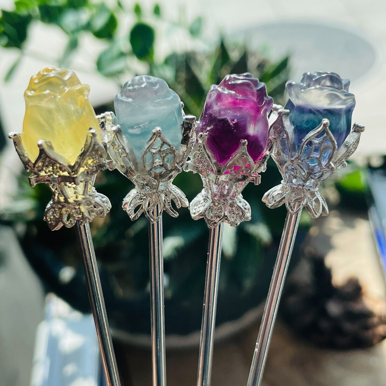 5pc Natural fluorite carved rose hairpin quartz crystal reiki healing random