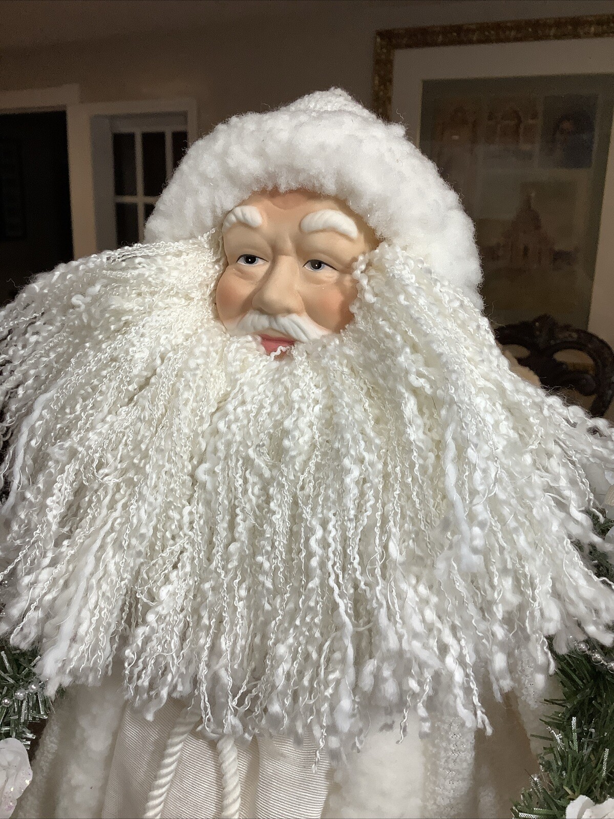 Victorian Santa Claus Tree Topper White Green Silver Gown 18” Tall 15” Wide