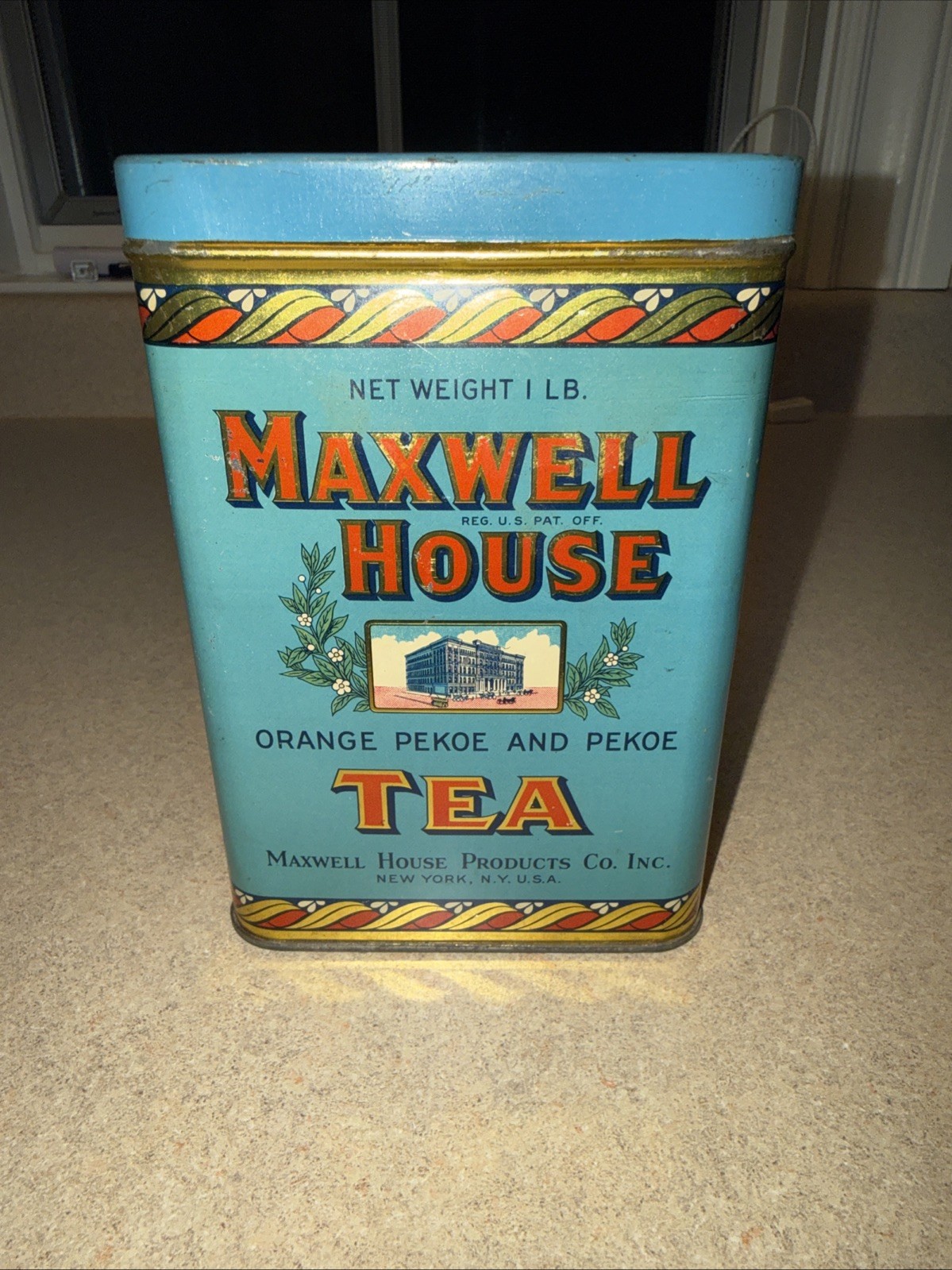 VINTAGE MAXWELL HOUSE ORANGE PEKOE TEA TIN CAN – NEW YORK, NY 6 Inches Tall
