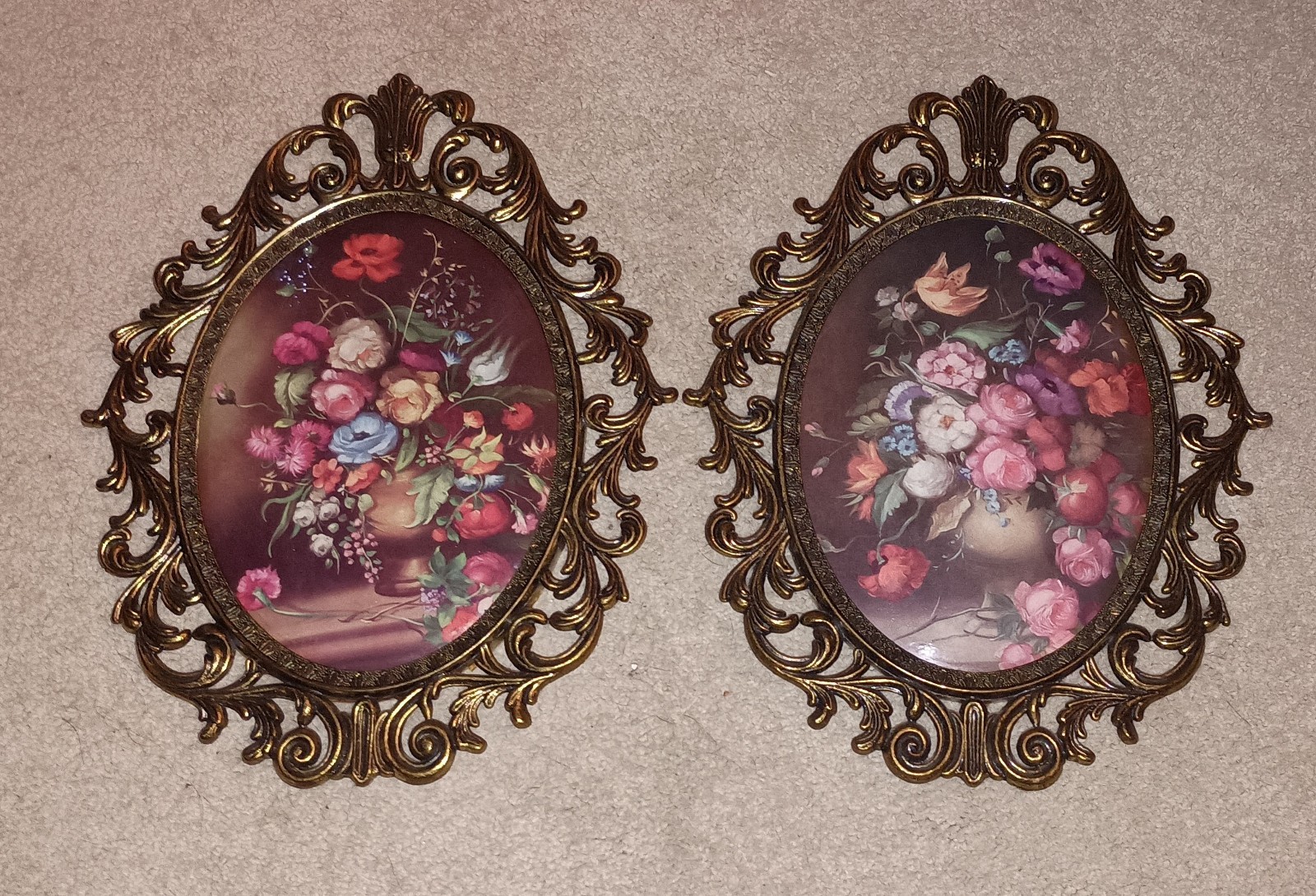Italian Floral Wall Print Vintage Ornate Brass Frames Convex Bubble Glass MCM