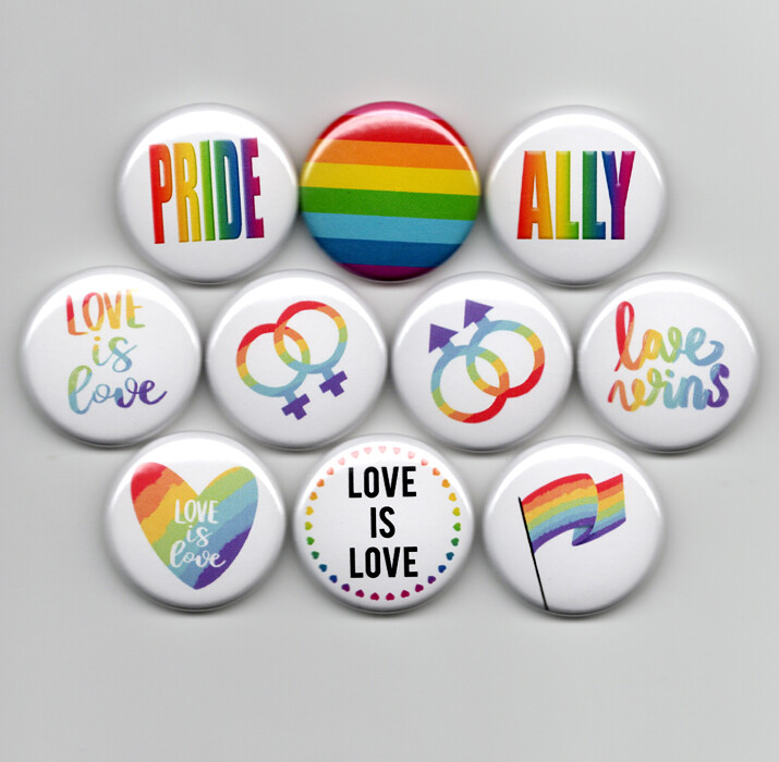 PRIDE pinback buttons set 1″ LGBTQ gay love wins flag rainbow heart ally is