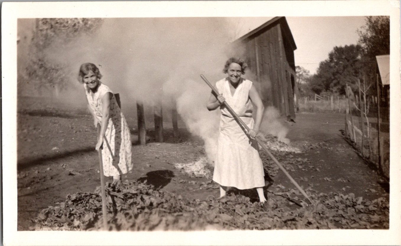 Vintage 1930s-1940s Photo Two Women Raking Burning Leaves Rural Farm Life Snapsh