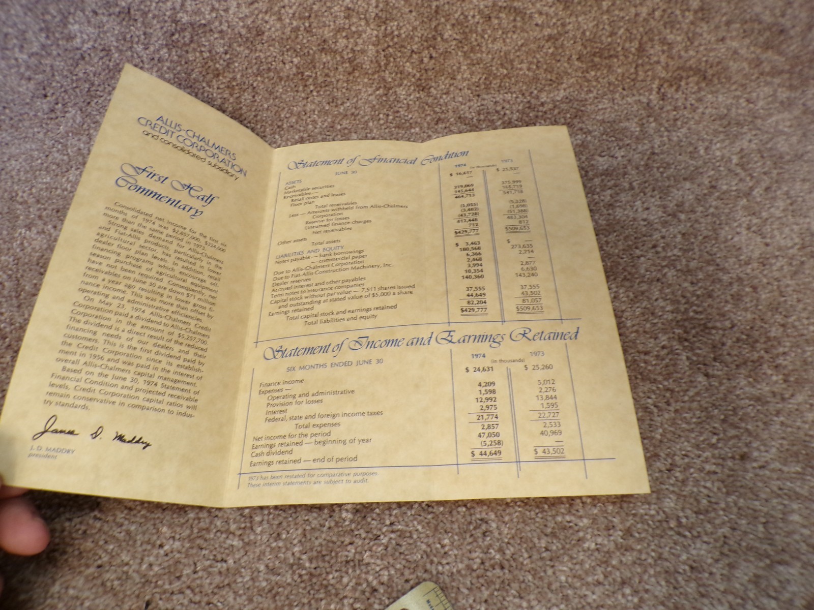 1974 Allis Chalmers 6 Month Statement of Financial Credit Report