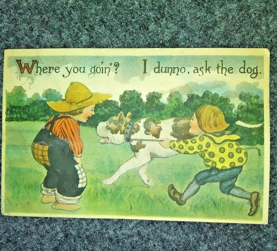 Postcard Dog 1913 art mastiff bulldog with kids! Funny Smithfield Ohio.